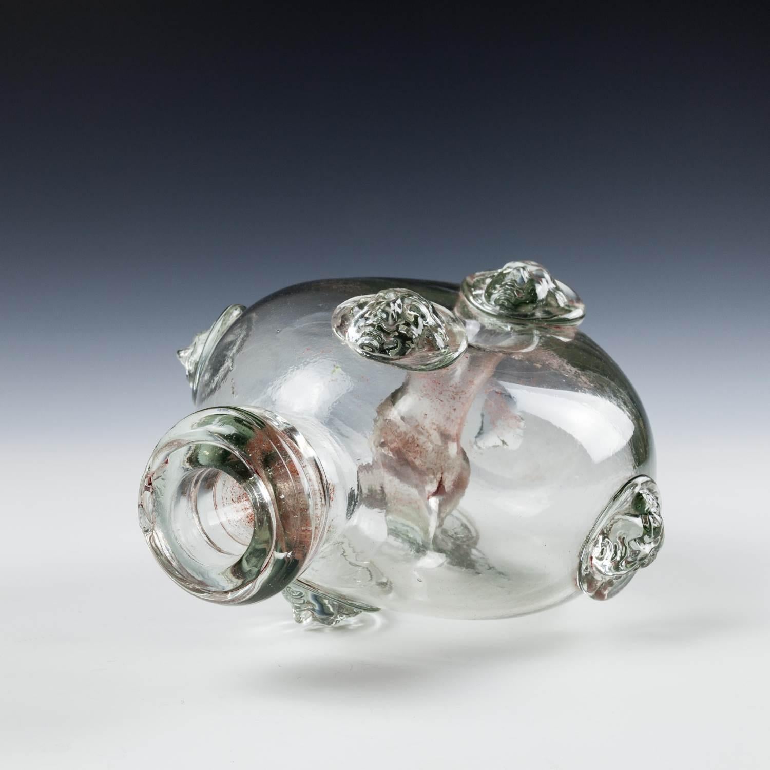 Blown Glass Rare French Annular Flask With Portrait Prunts 1715-1774 For Sale
