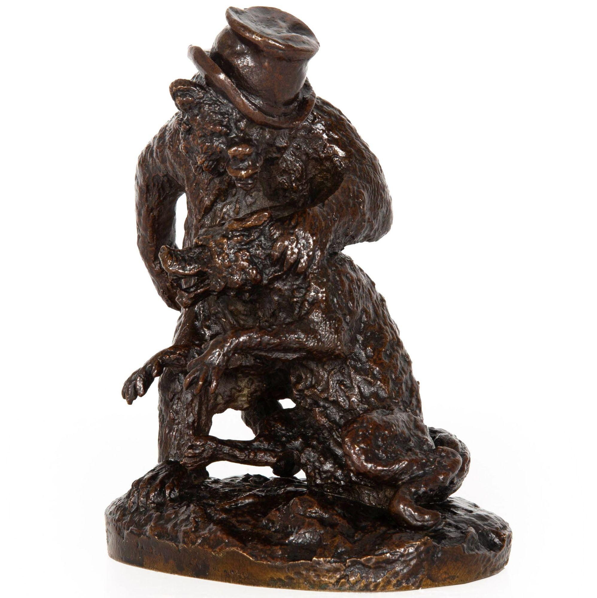 Romantic Rare French Antique Bronze Sculpture “Bear with Wolf” by Christophe Fratin