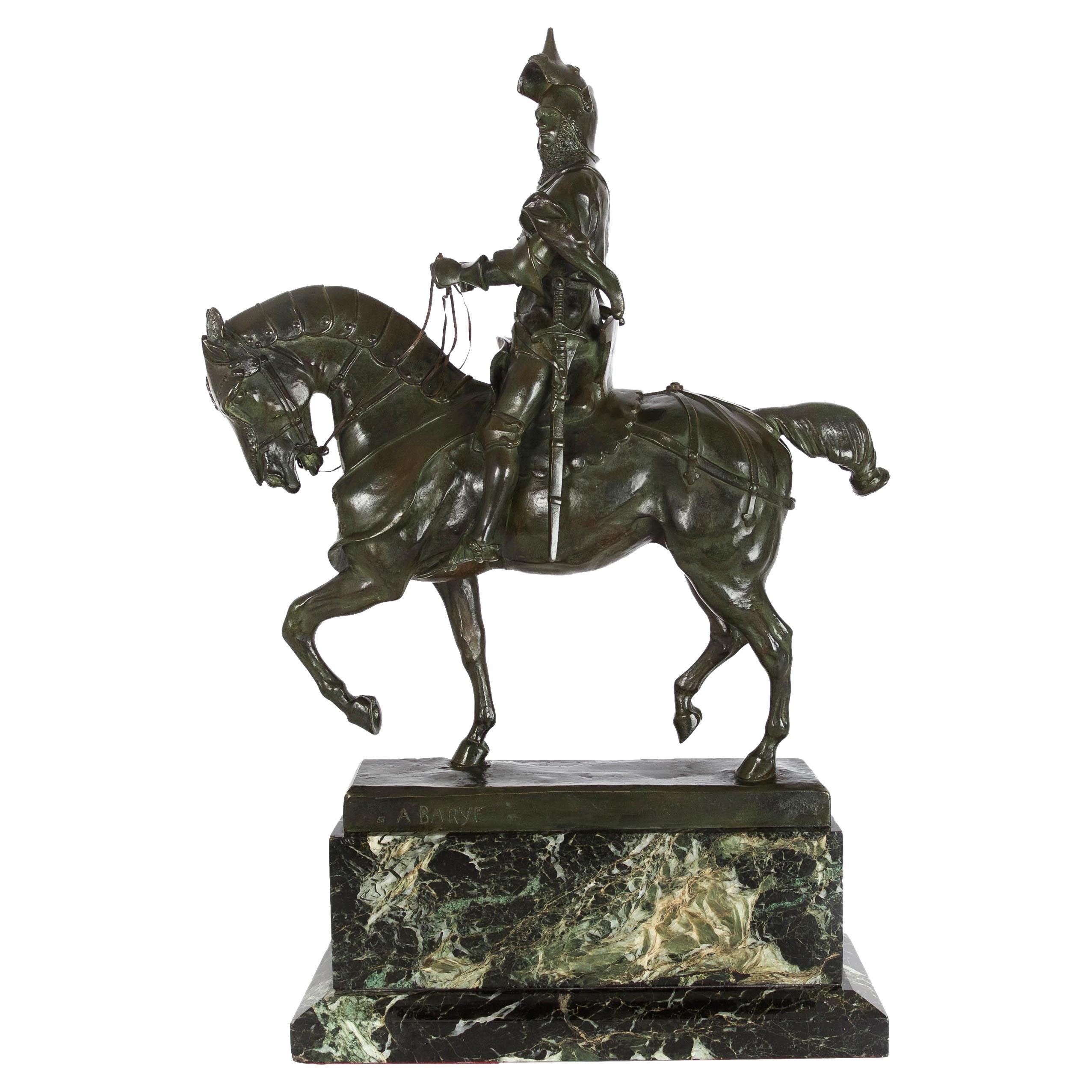 Rare French Antique Bronze Sculpture "Knight on Horseback" by Alfred Barye