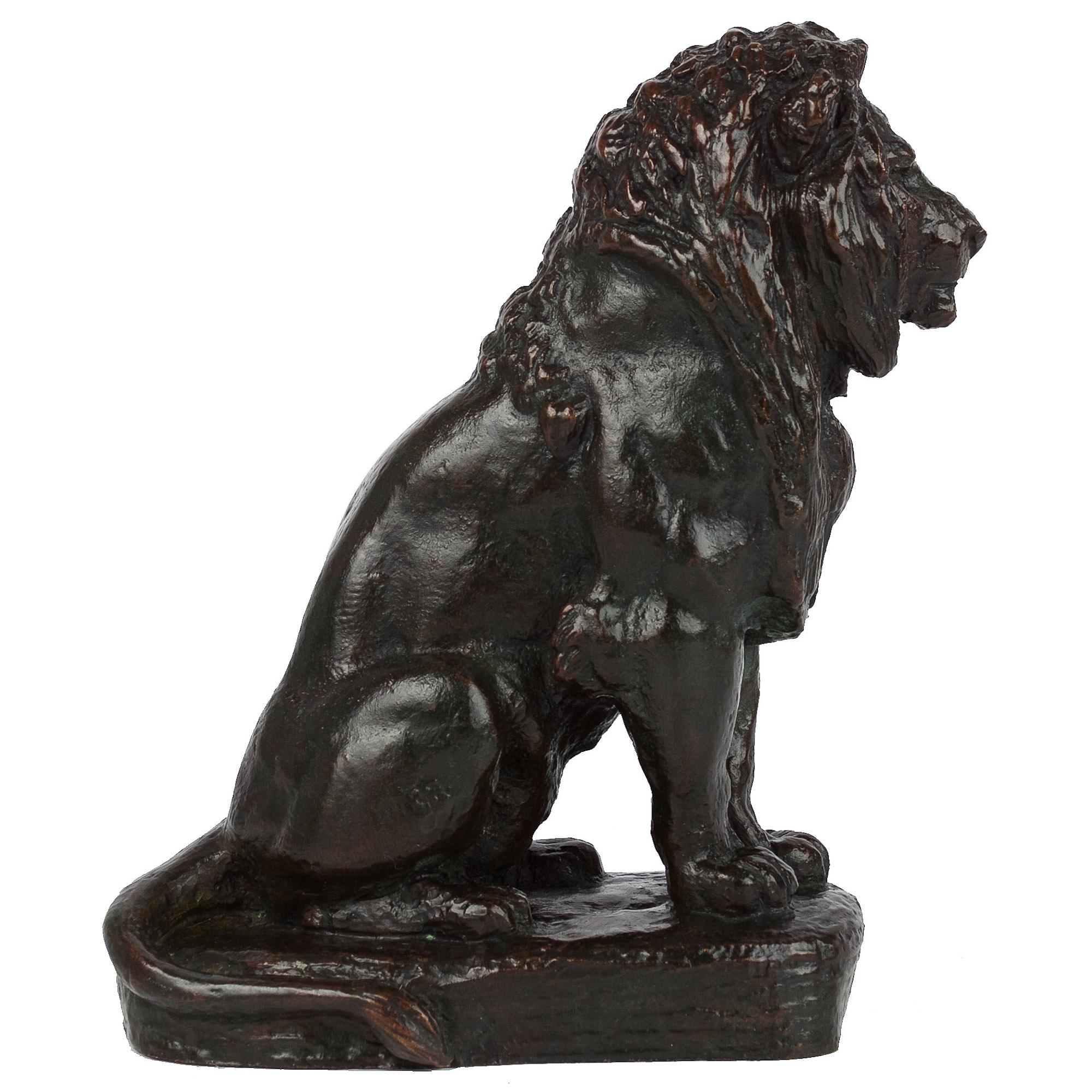Romantic Rare French Antique Bronze Sculpture “Lion Assis no.2” after Antoine-Louis Barye For Sale