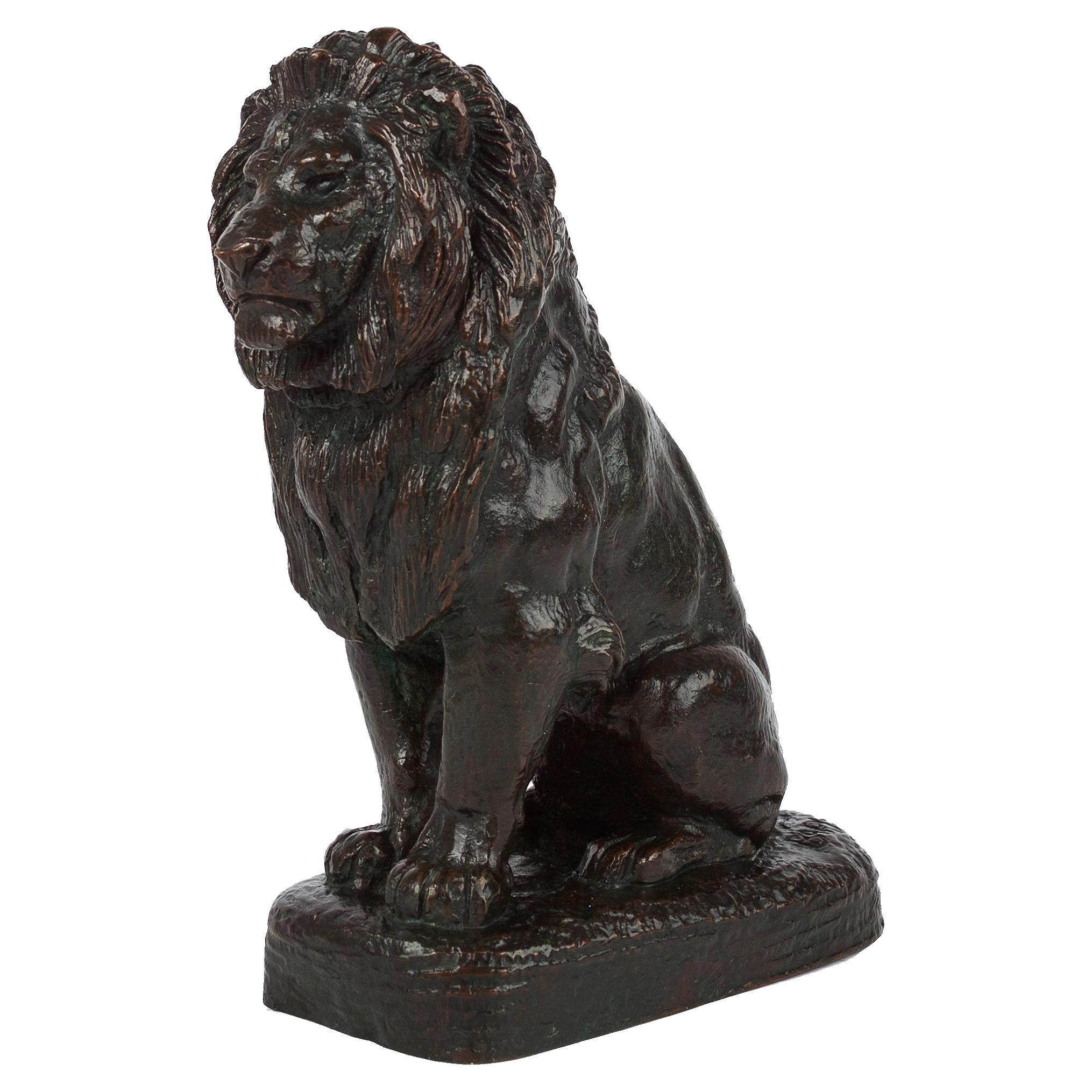 Rare French Antique Bronze Sculpture “Lion Assis no.2” after Antoine-Louis Barye