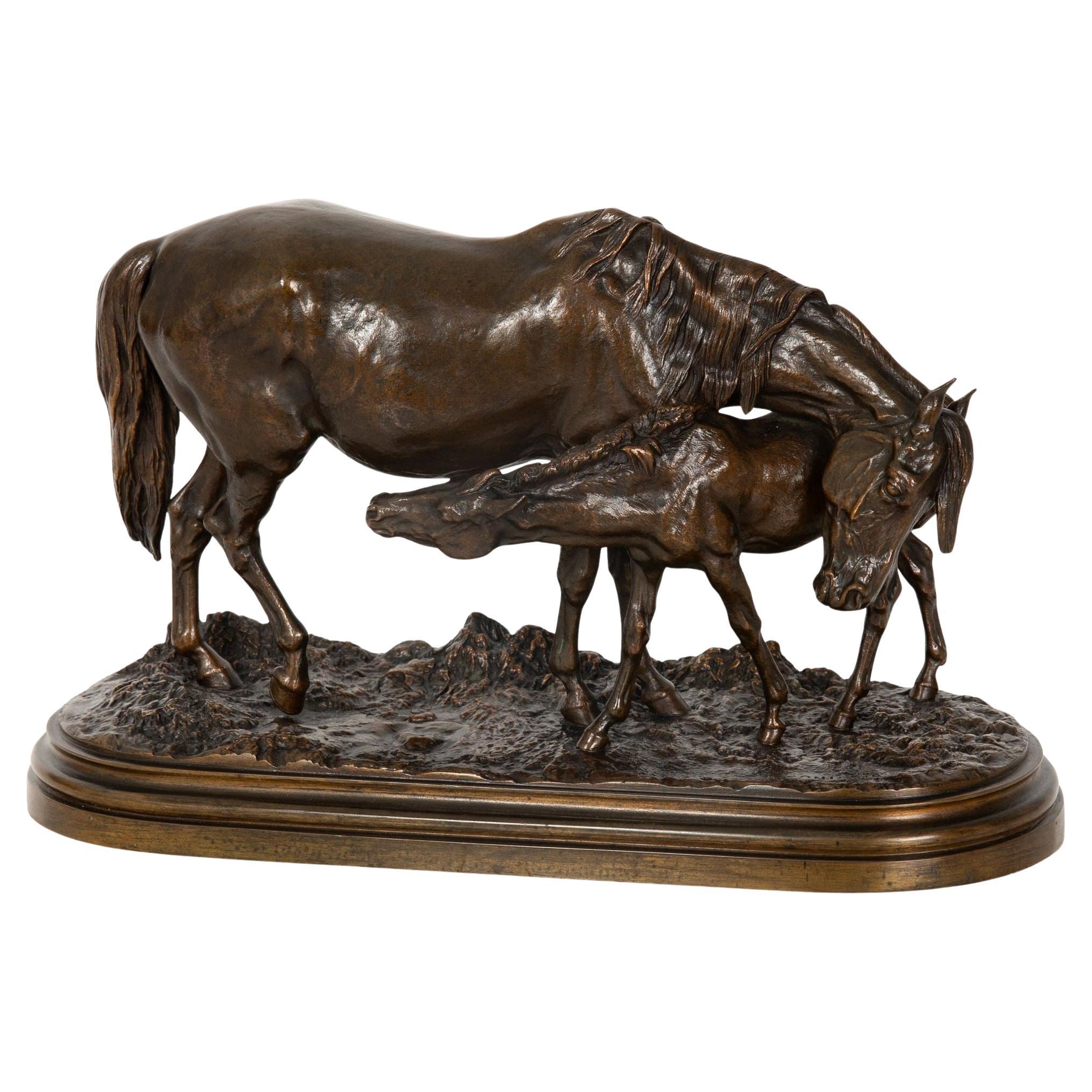 Rara Escultura Antigua Francesa de Bronce "Yegua y Potro" de Isidore Bonheur
