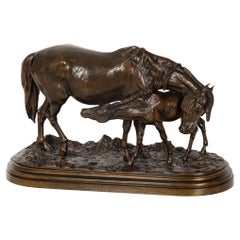 Rara Escultura Antigua Francesa de Bronce "Yegua y Potro" de Isidore Bonheur