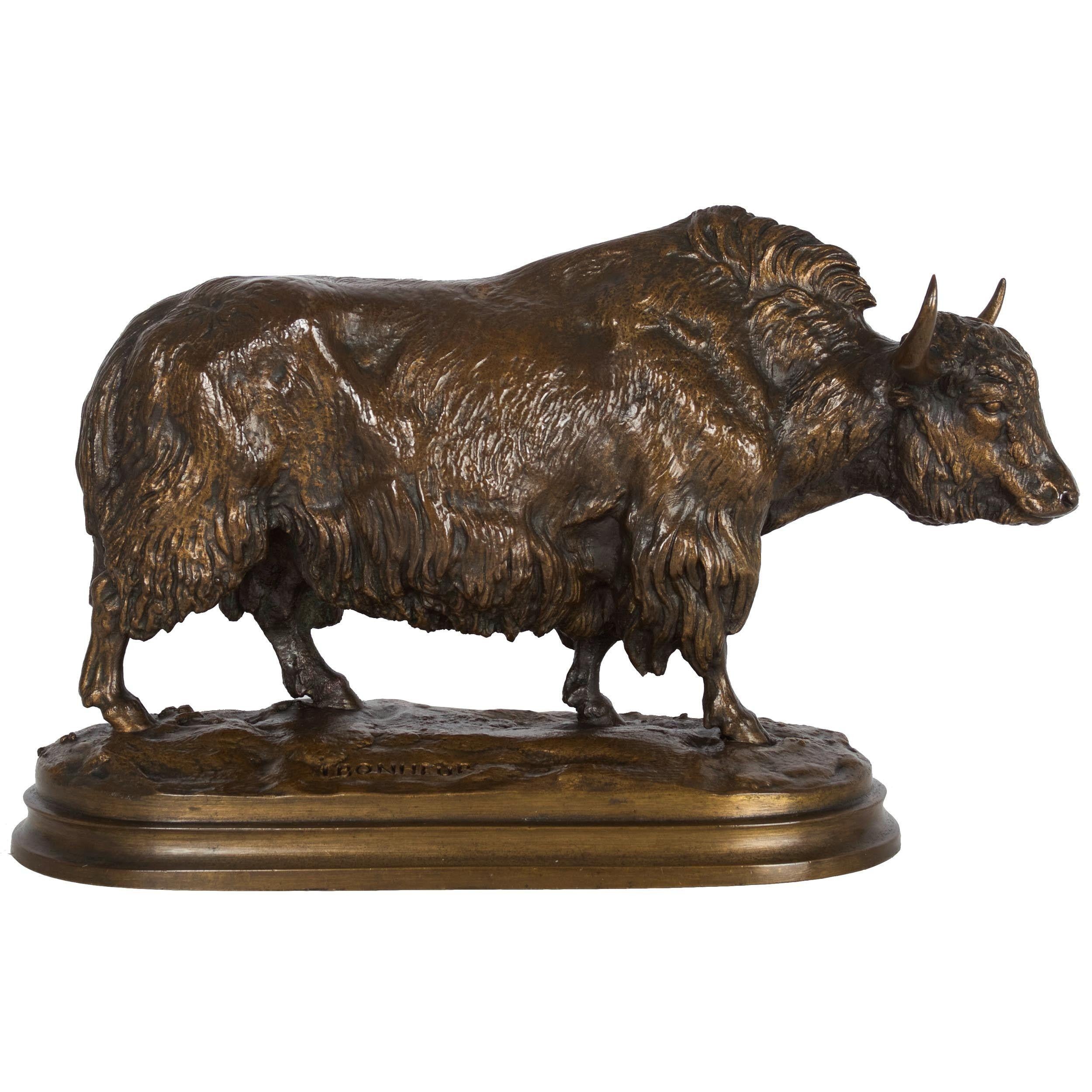 A fine example of Bonheur's very scarce model depicting a standing European Wood Bison, also known as a Bison Bonasus, this sand-cast example was almost certainly produced by his brother-in-law, Hippolyte Peyrol. Unmarked by the foundry, the work
