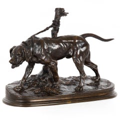 Rare sculpture française en bronze ancien représentant un chien de chasse par Pierre Jules Mene