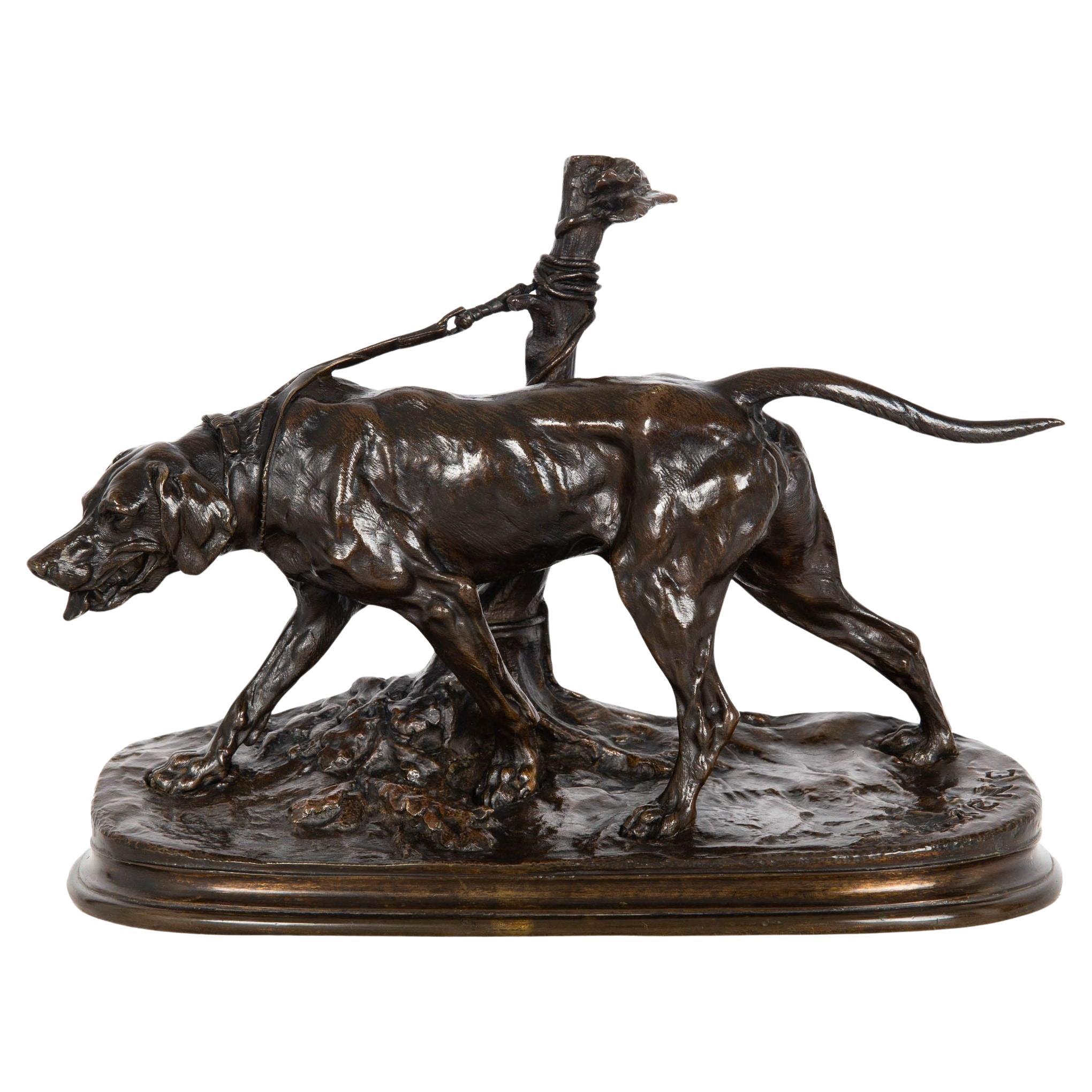 Seltene antike französische Bronzeskulptur eines Hundes mit Hahn von Pierre Jules Mene aus Bronze
