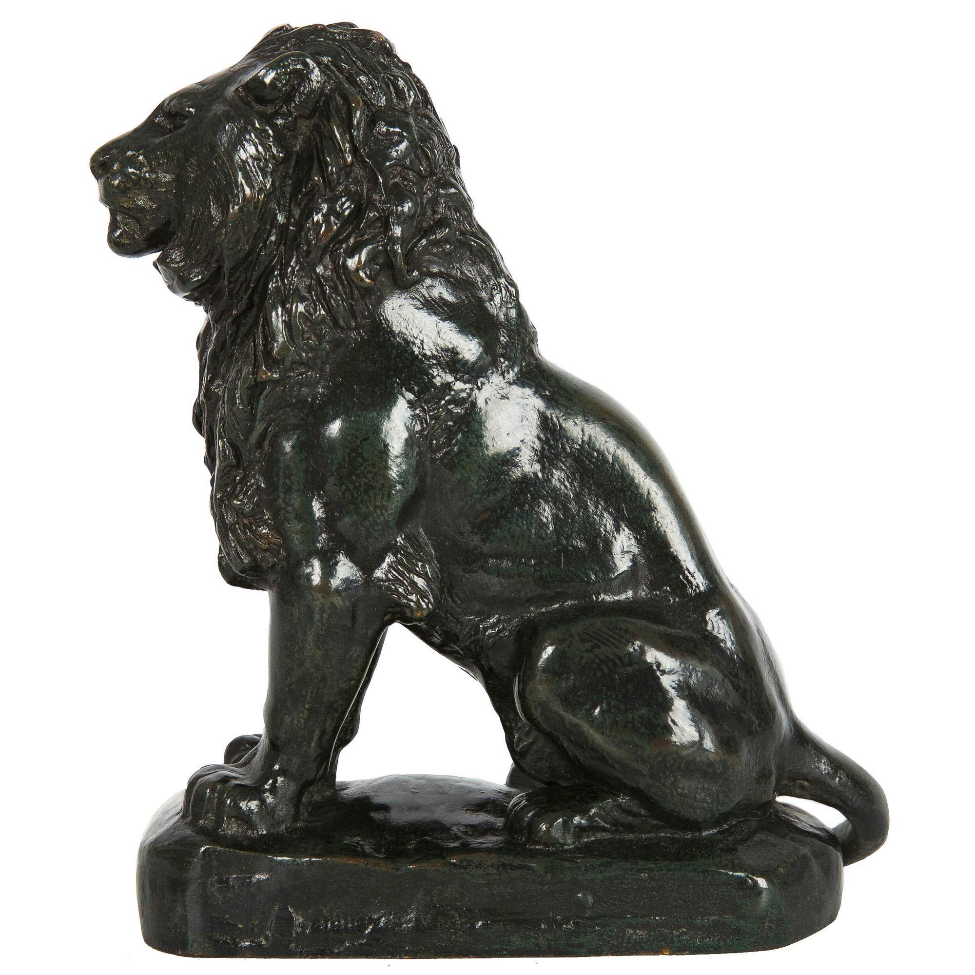 Romantic Rare French Antique Bronze Sculpture “Seated Lion No.4”After Antoine-Louis Barye For Sale