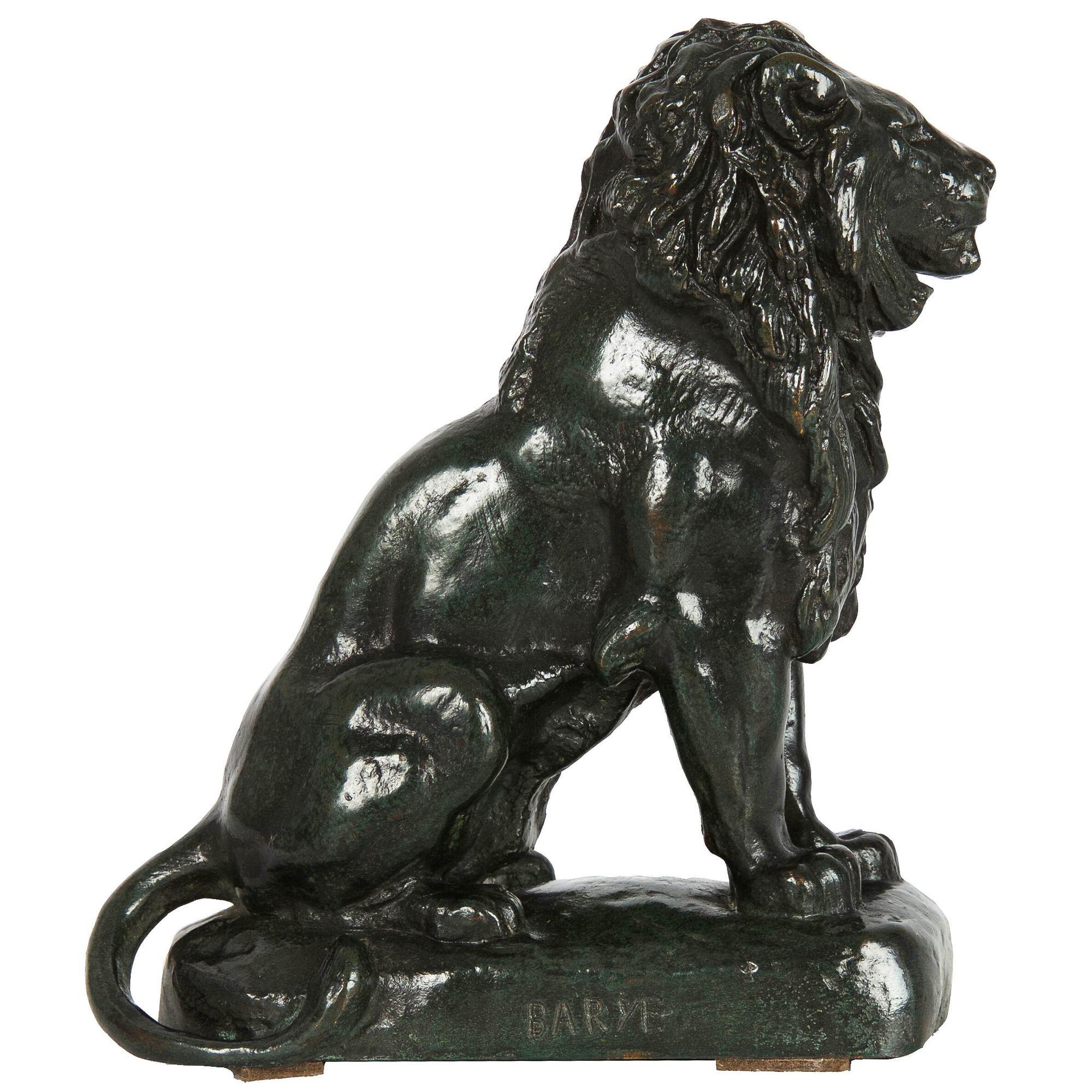 Romantic Rare French Antique Bronze Sculpture “Seated Lion No.4”After Antoine-Louis Barye For Sale