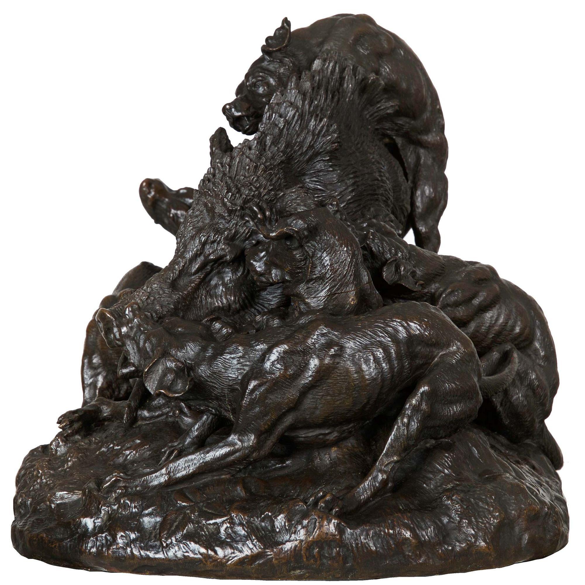 Romantic Rare French Antique Bronze Sculpture “Wild Boar Hunt” by Auguste Lechesne For Sale