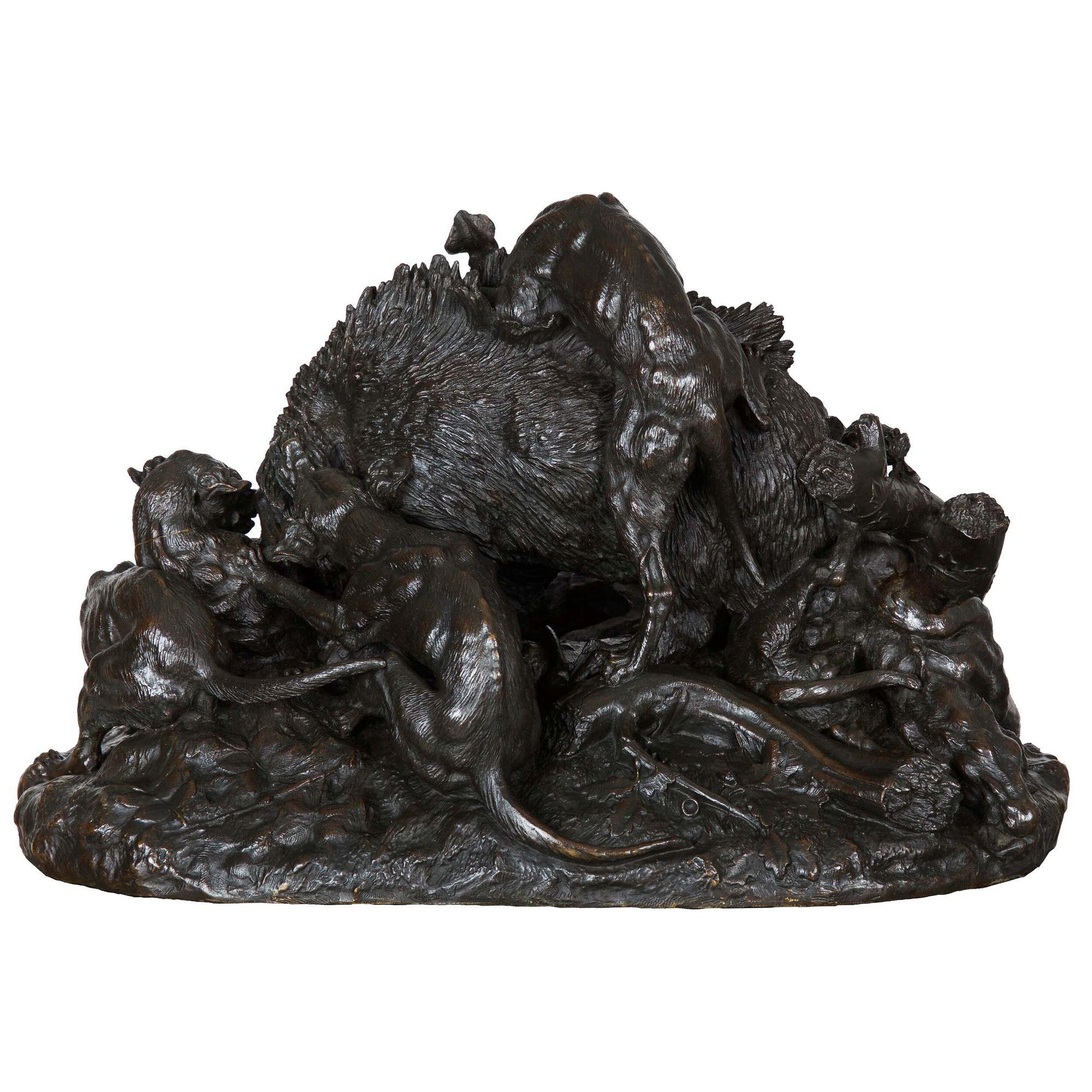 Rare French Antique Bronze Sculpture “Wild Boar Hunt” by Auguste Lechesne In Good Condition For Sale In Shippensburg, PA