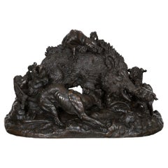 Rare French Antique Bronze Sculpture “Wild Boar Hunt” by Auguste Lechesne