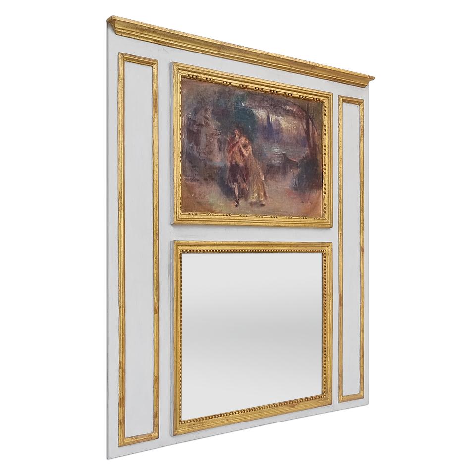 Seltener französischer Trumeau-Spiegel aus vergoldetem Holz, um 1930,  im Stil Ludwigs XVI. mit einem Gemälde einer romantischen Genreszene (Öl auf Leinwand) in der Art des Malers William Turner. Patinierte Blattvergoldung. Hellgrau patiniertes,
