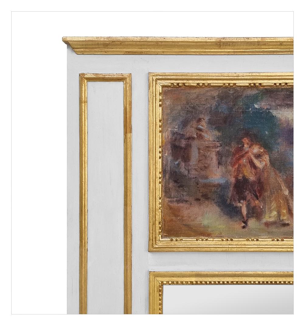 Rare French Antique Trumeau Mirror Louis XVI Style Romantic Painting, circa 1930 In Good Condition For Sale In Paris, FR
