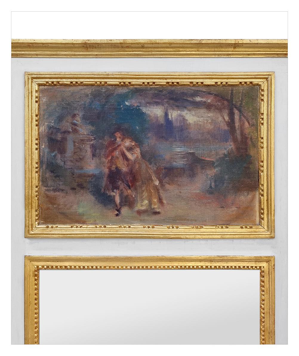 Canvas Rare French Antique Trumeau Mirror Louis XVI Style Romantic Painting, circa 1930 For Sale