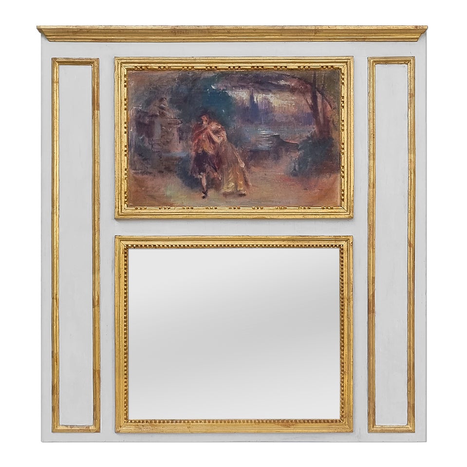 Rare French Antique Trumeau Mirror Louis XVI Style Romantic Painting, circa 1930 For Sale