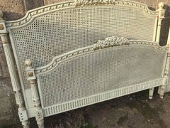 Rare French Antique Vintage Original Painted King Size Bed, Rattan