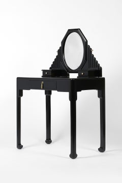 Raro tavolino da toilette francese in lacca nera dell'Atelier A Martine in stile Art Deco