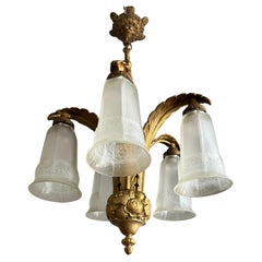 Rare French Art Deco Bronze Chandelier with Large Pressed Glass Shades, c.1930