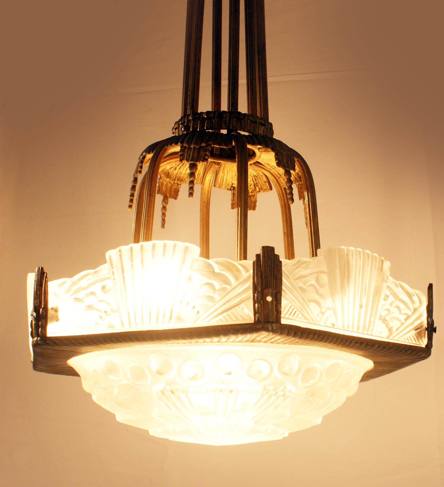 Frosted Rare French Art Deco Chandelier by “Georges LELEU” For Sale