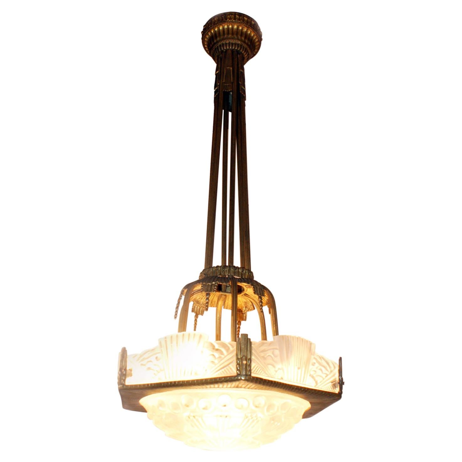 Rare French Art Deco Chandelier by “Georges LELEU” For Sale