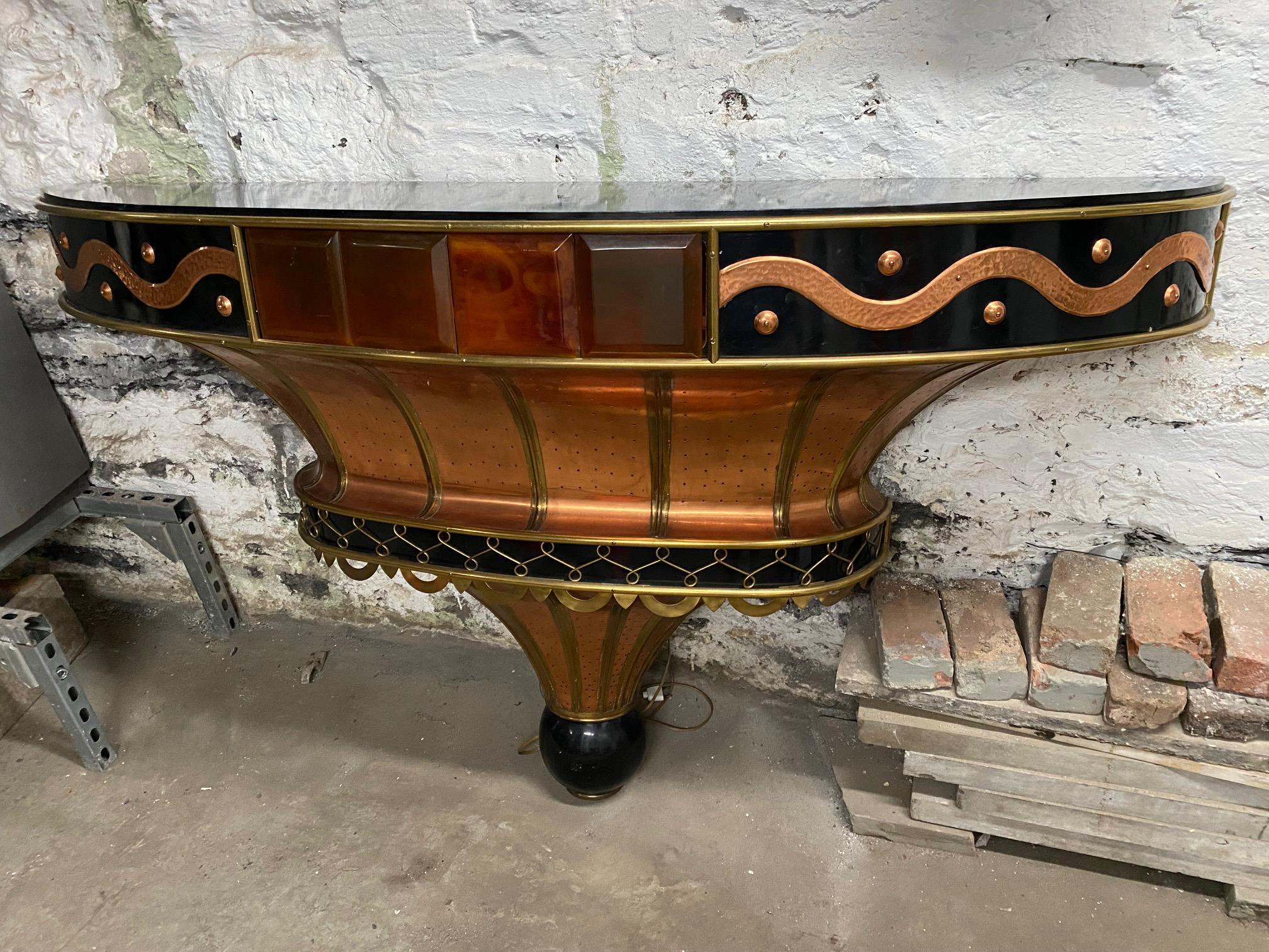 Mid-20th Century Rare French Art Deco Copper Demi Lune Console For Sale