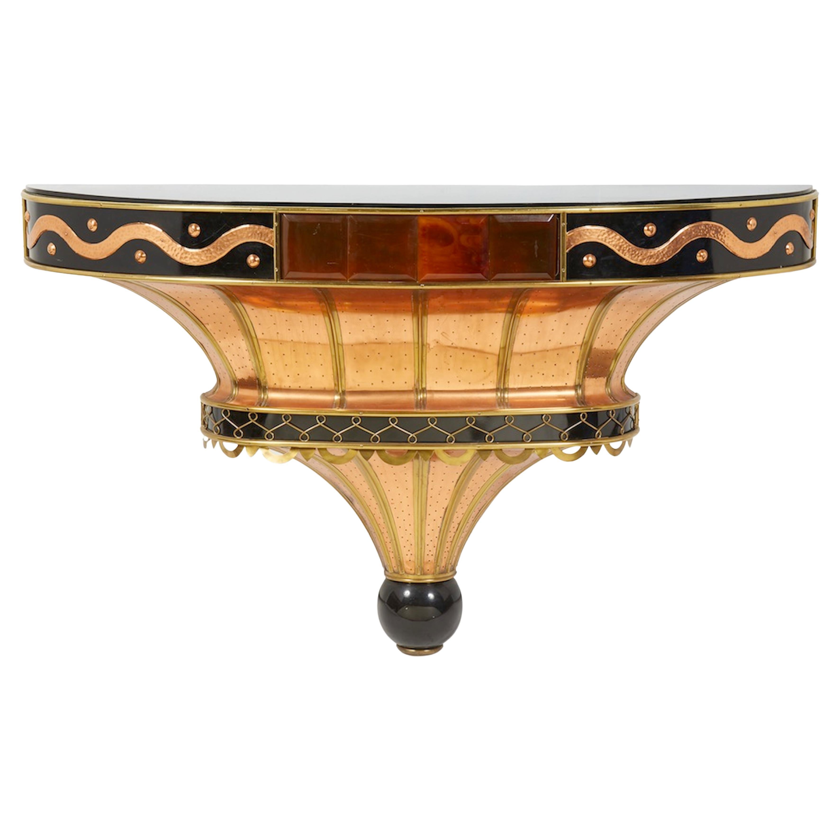 Rare French Art Deco Copper Demi Lune Console For Sale