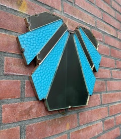 Rare French Art Deco Fan-Shaped Wall Mirror with Blue Textured Glass, circa 1930