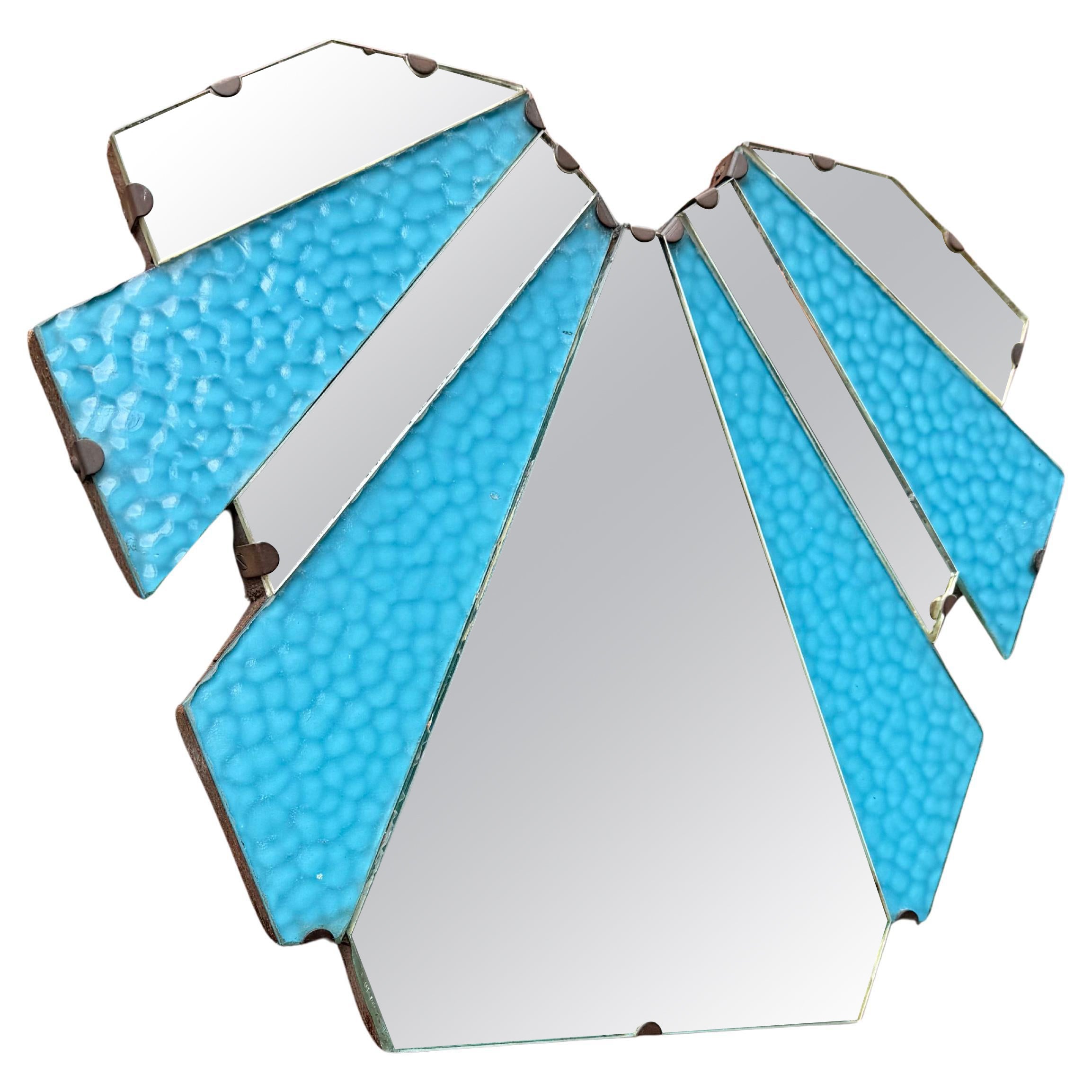 Rare French Art Deco Fan-Shaped Wall Mirror with Blue Textured Glass, circa 1930