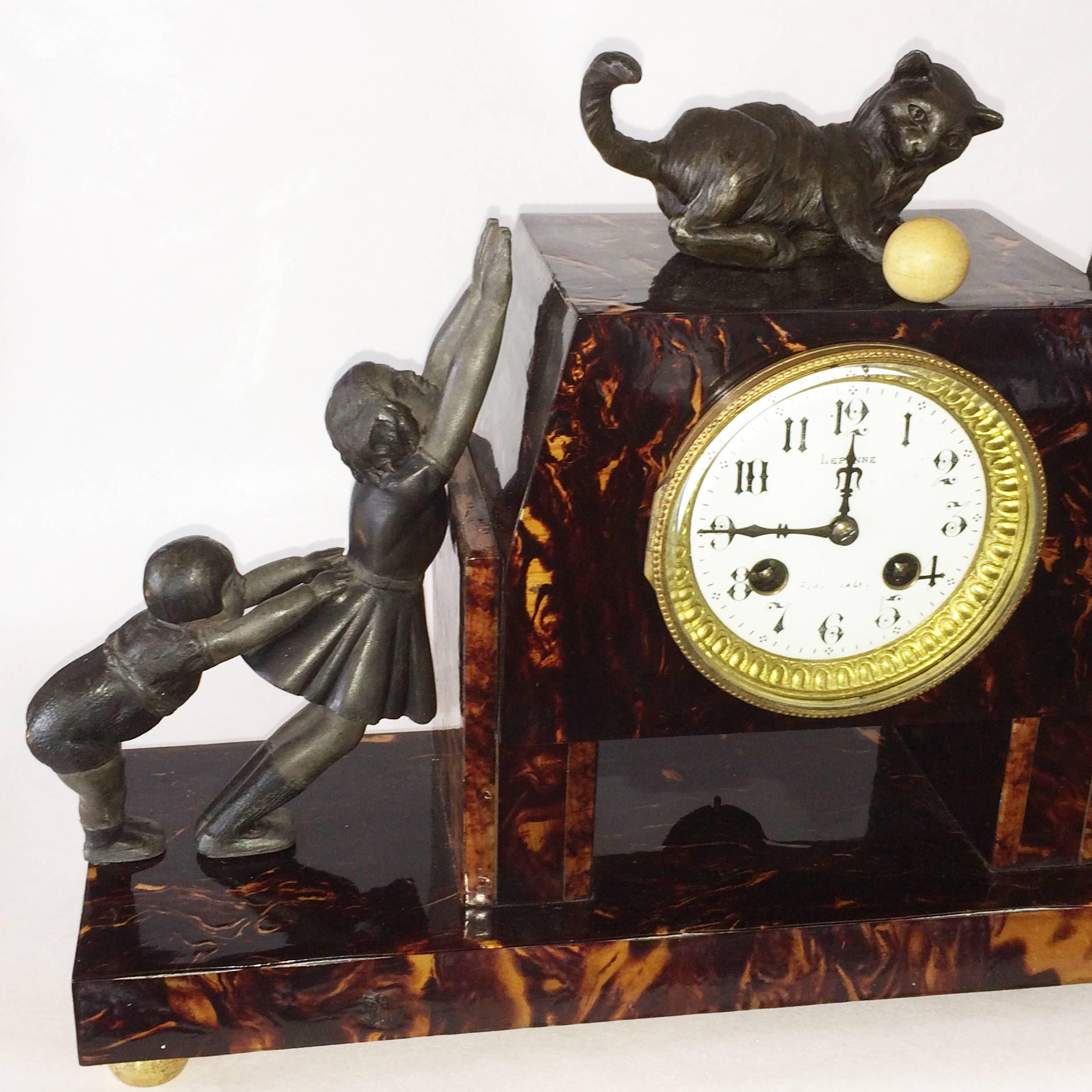 Rare French Art Deco Galalatit Clock with Cat 2