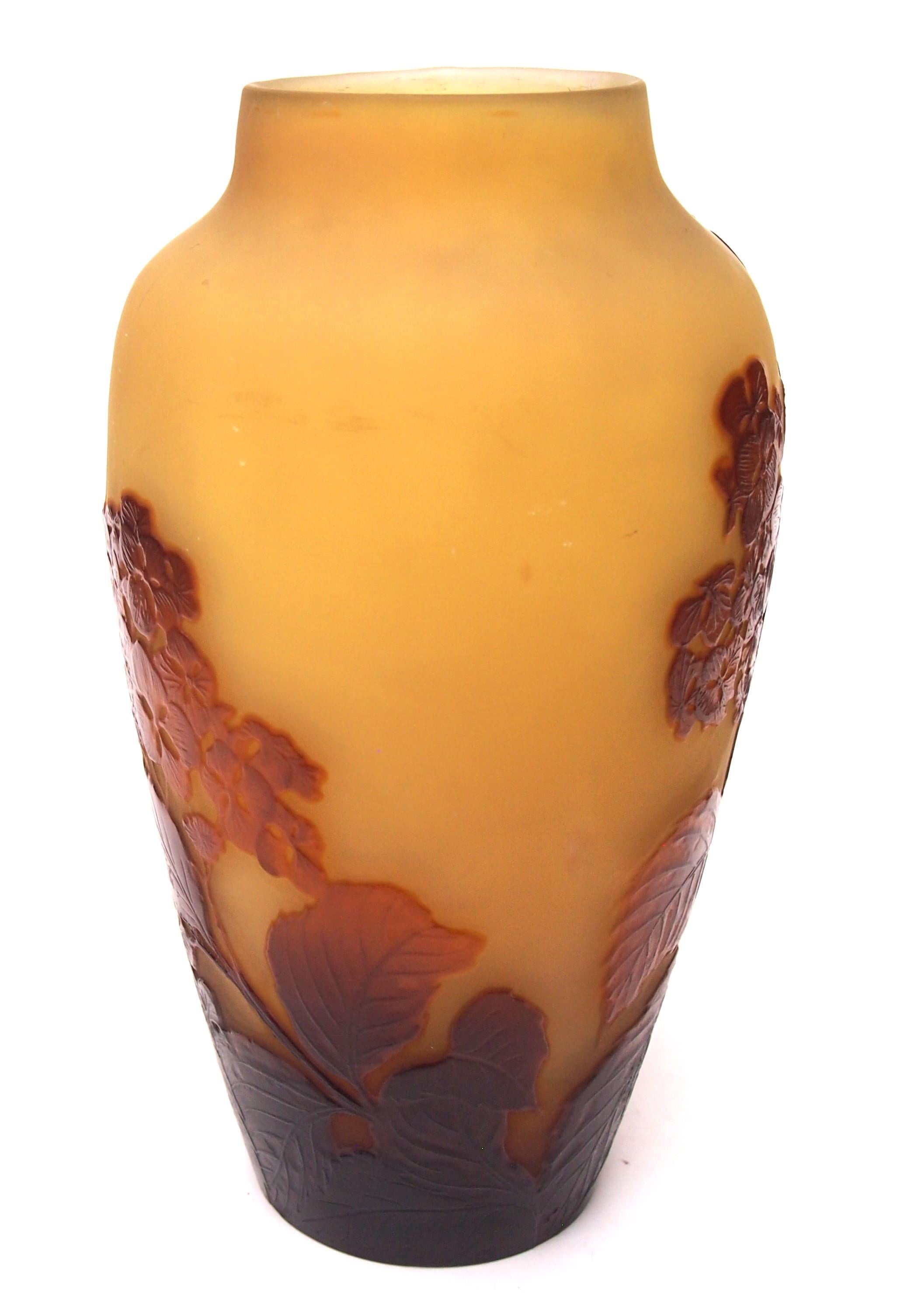 Early 20th Century Rare French Art Deco Galle Cameo Glass Vase -Winter Hydrangea  -c1925 For Sale