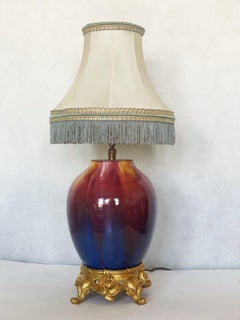 Rare French Art Deco Glazed Ceramic Bronze Table Lamp, 1930s