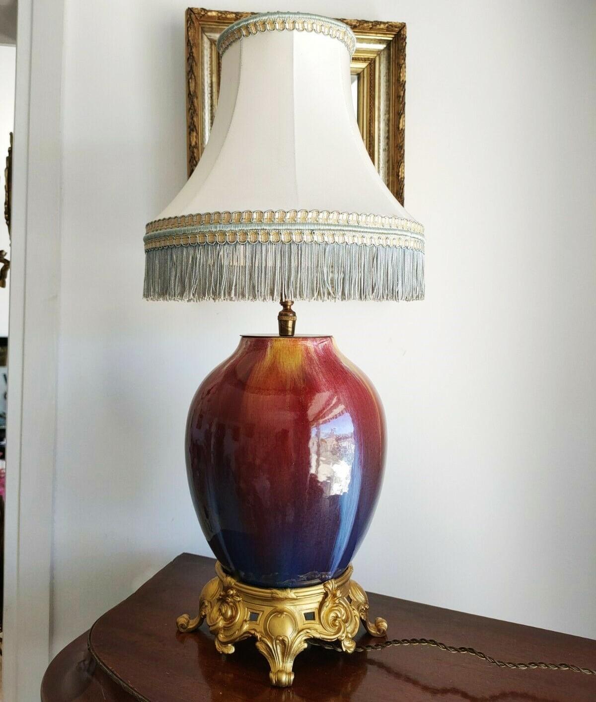 Mid-20th Century Rare French Art Deco Glazed Ceramic Bronze Table Lamp, 1930s For Sale