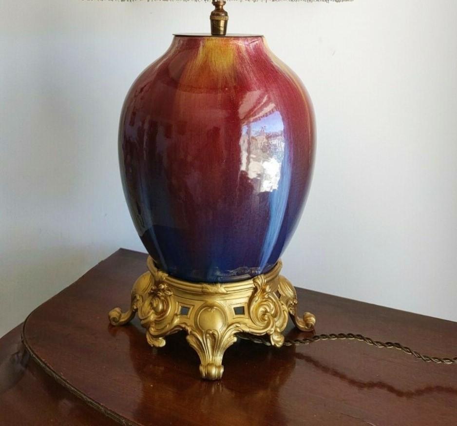 Rare French Art Deco Glazed Ceramic Bronze Table Lamp, 1930s For Sale 2