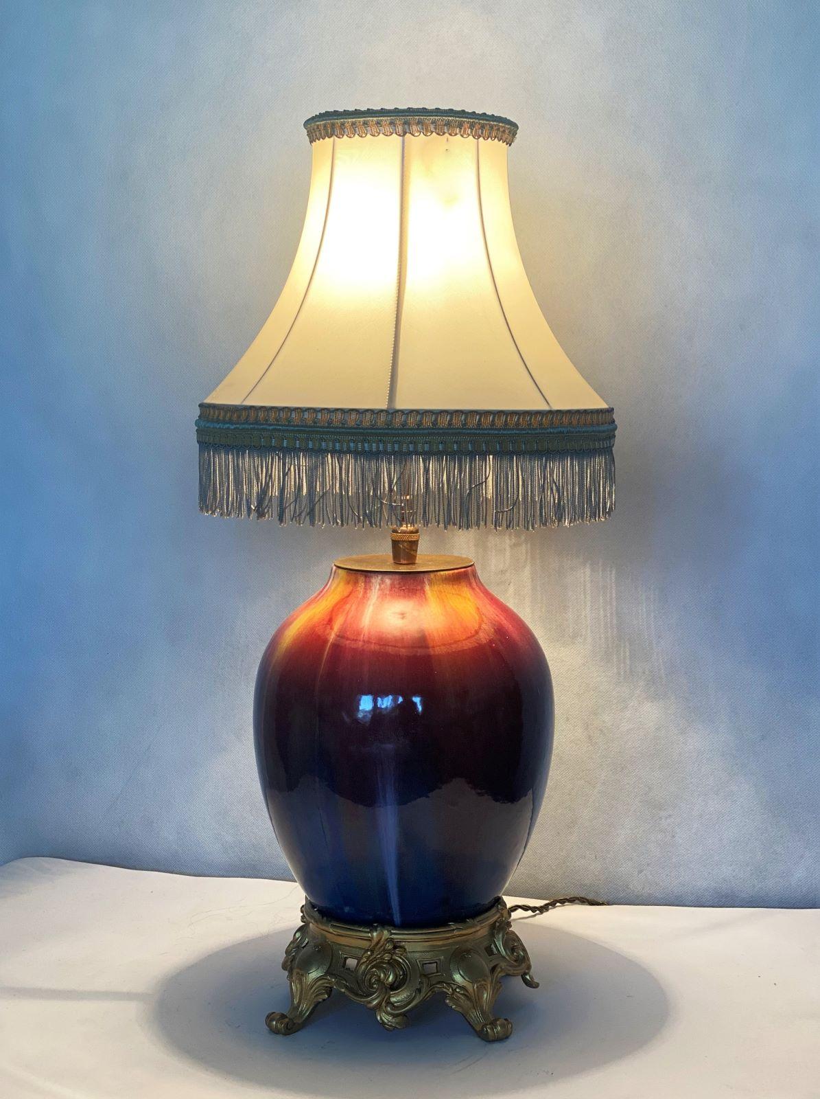 Rare French Art Deco Glazed Ceramic Bronze Table Lamp, 1930s For Sale 1