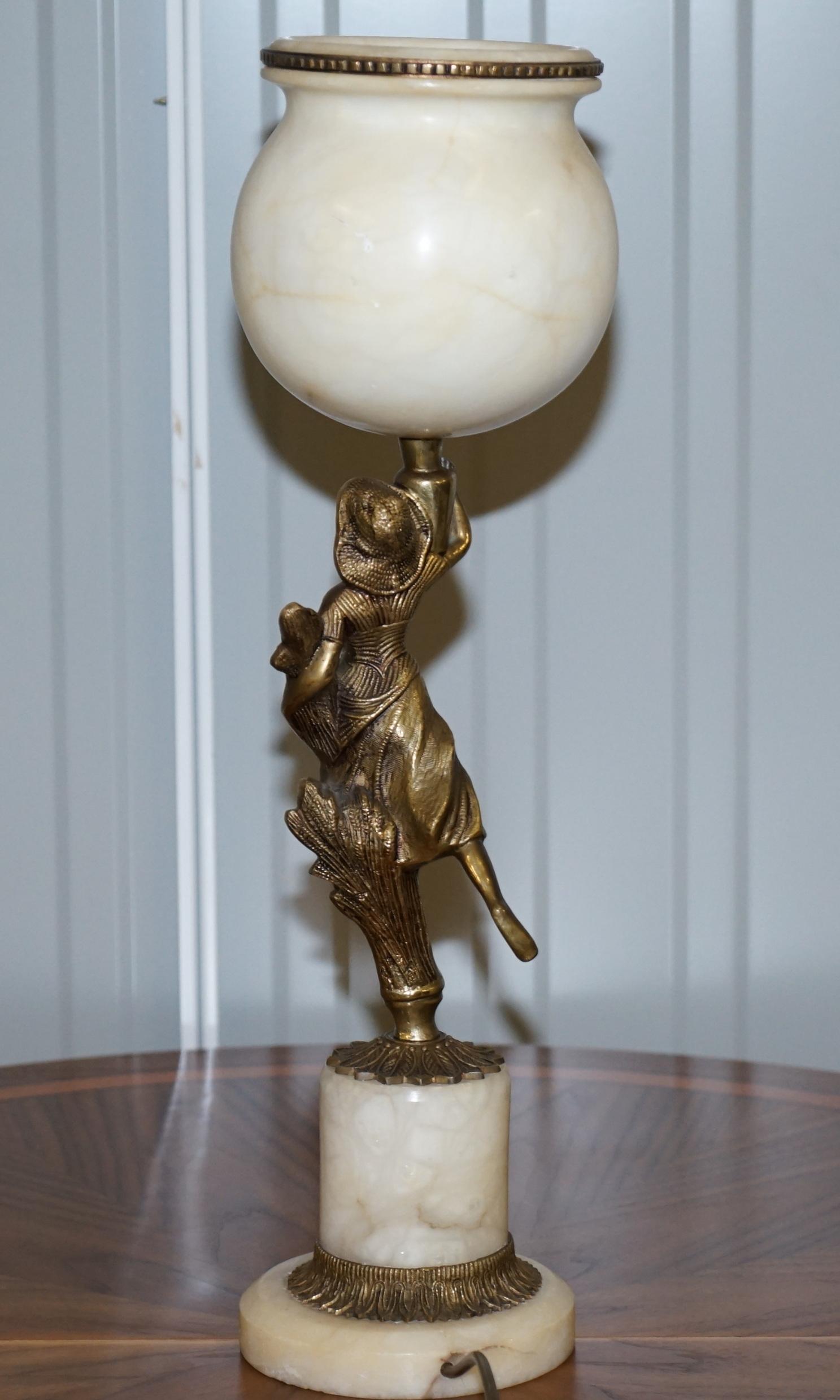 Rare French Art Deco Marble Lamp Shade Bronze Art Decor Table Lamp Sculpture 8