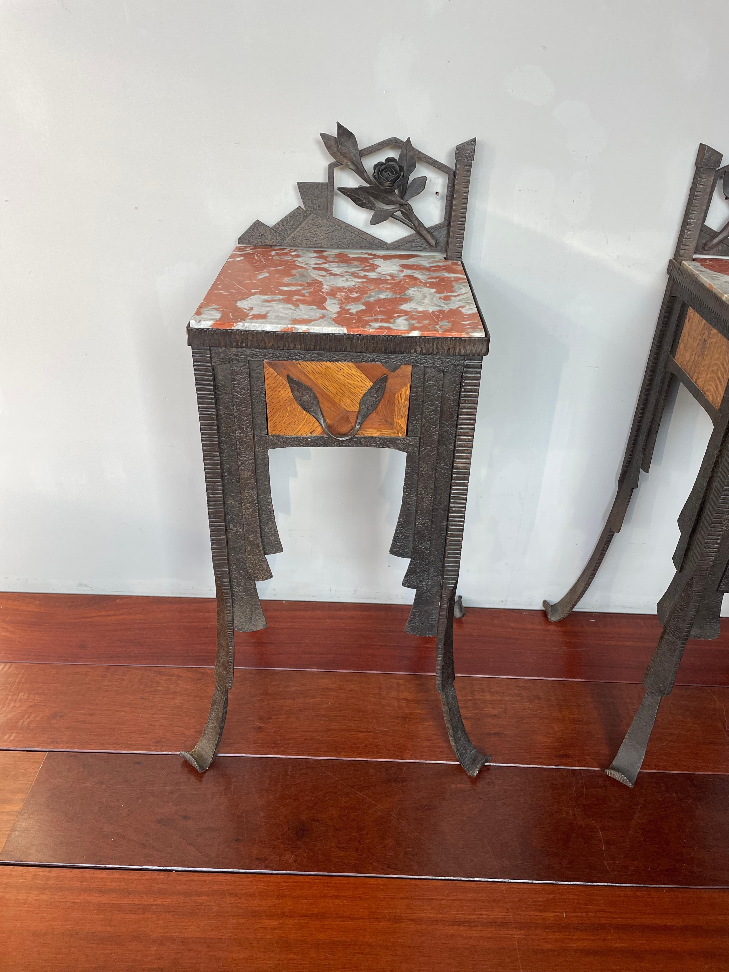 Rare French Art Deco Pair of Wrought Iron & Marble Bedside Tables / Night Stands 5