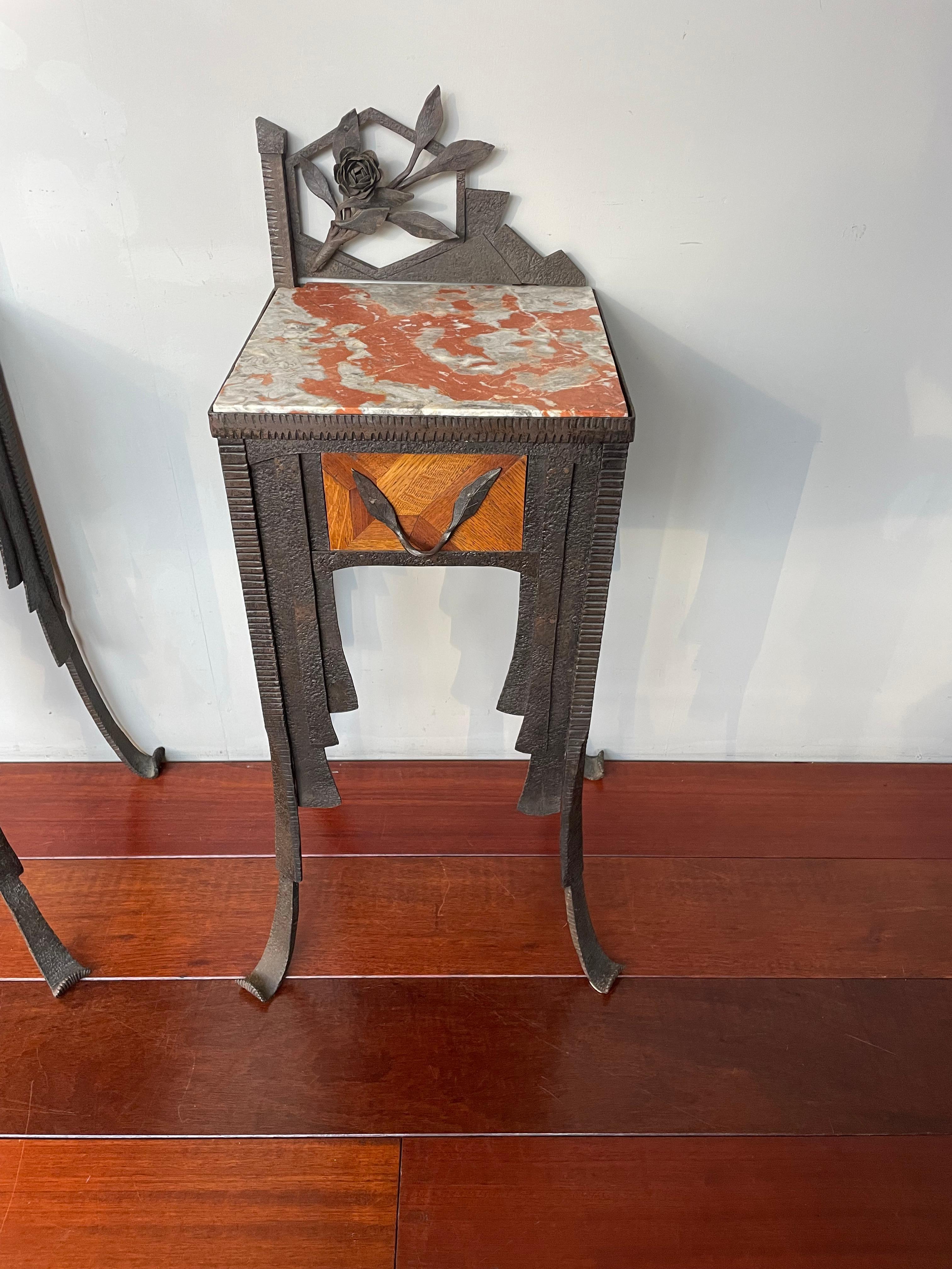 Rare French Art Deco Pair of Wrought Iron & Marble Bedside Tables / Night Stands 6