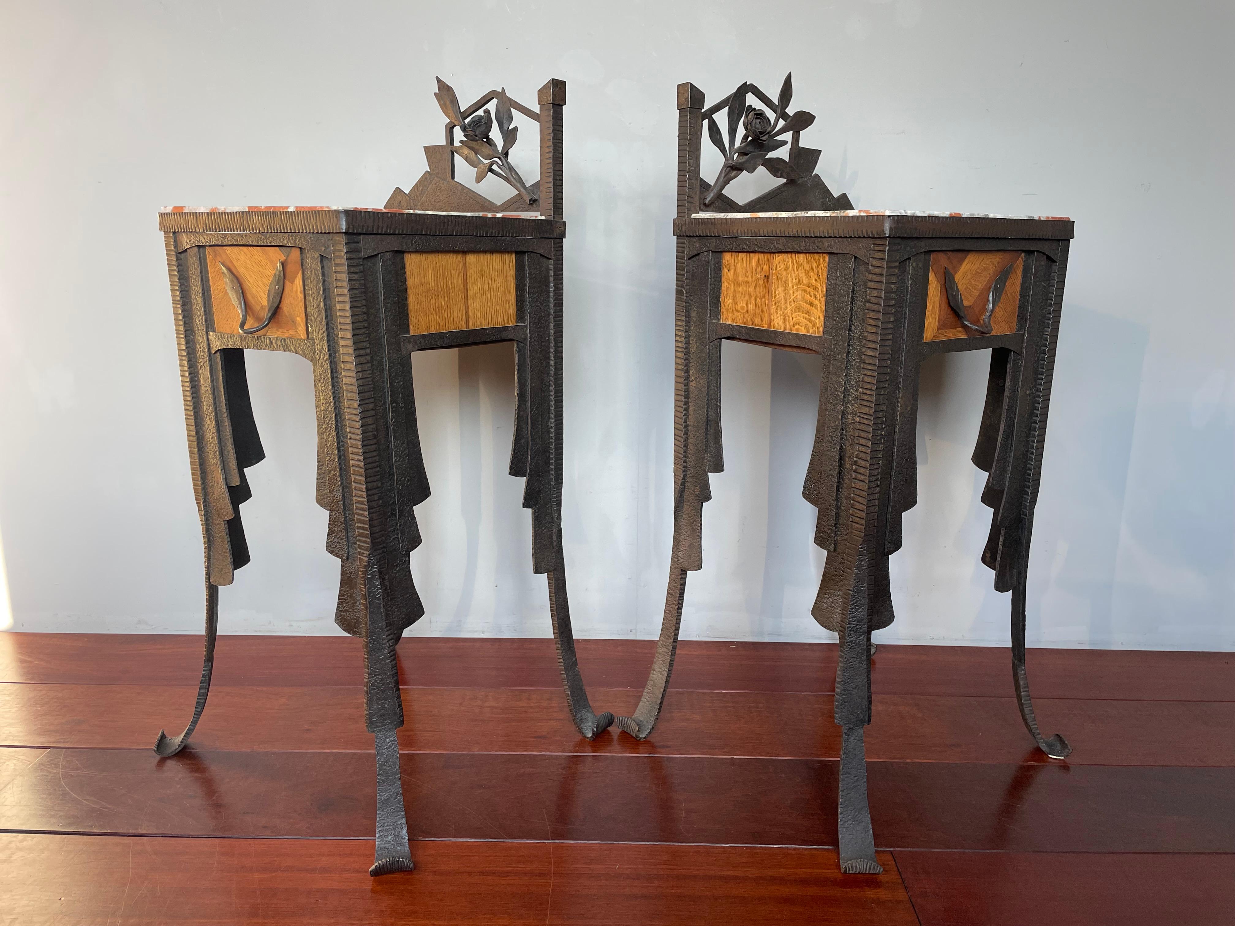 Rare French Art Deco Pair of Wrought Iron & Marble Bedside Tables / Night Stands 8