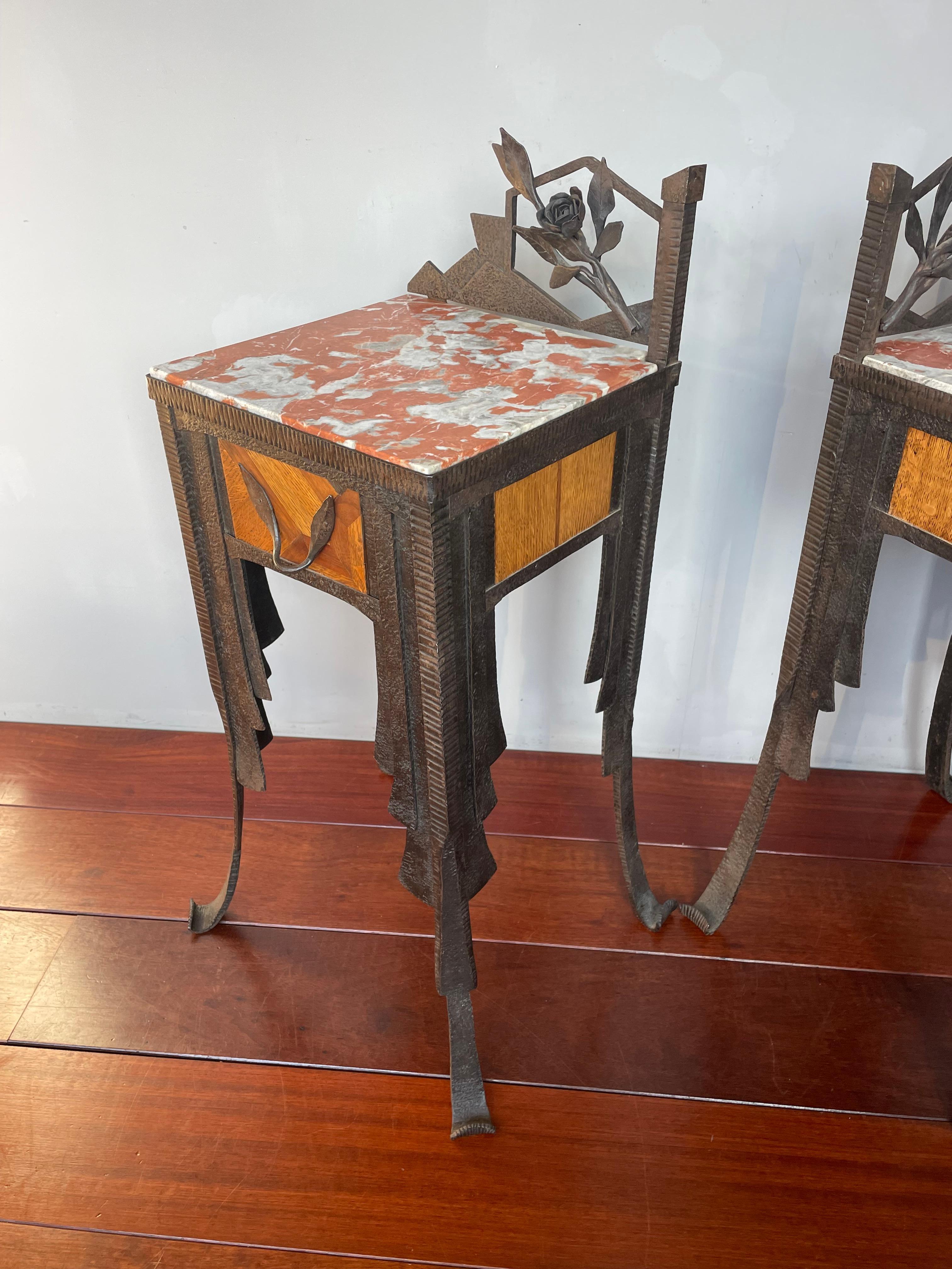 Rare French Art Deco Pair of Wrought Iron & Marble Bedside Tables / Night Stands 9
