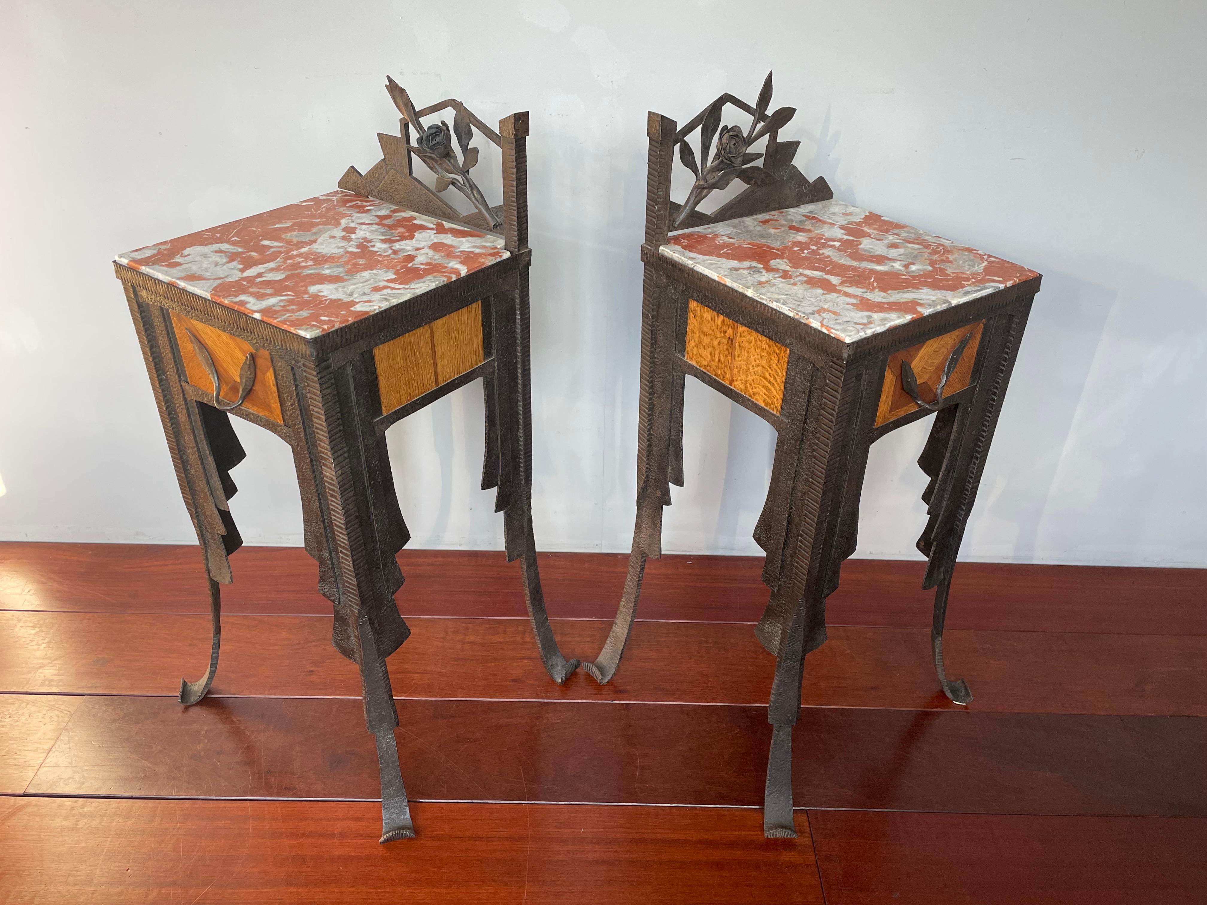 Rare French Art Deco Pair of Wrought Iron & Marble Bedside Tables / Night Stands 10