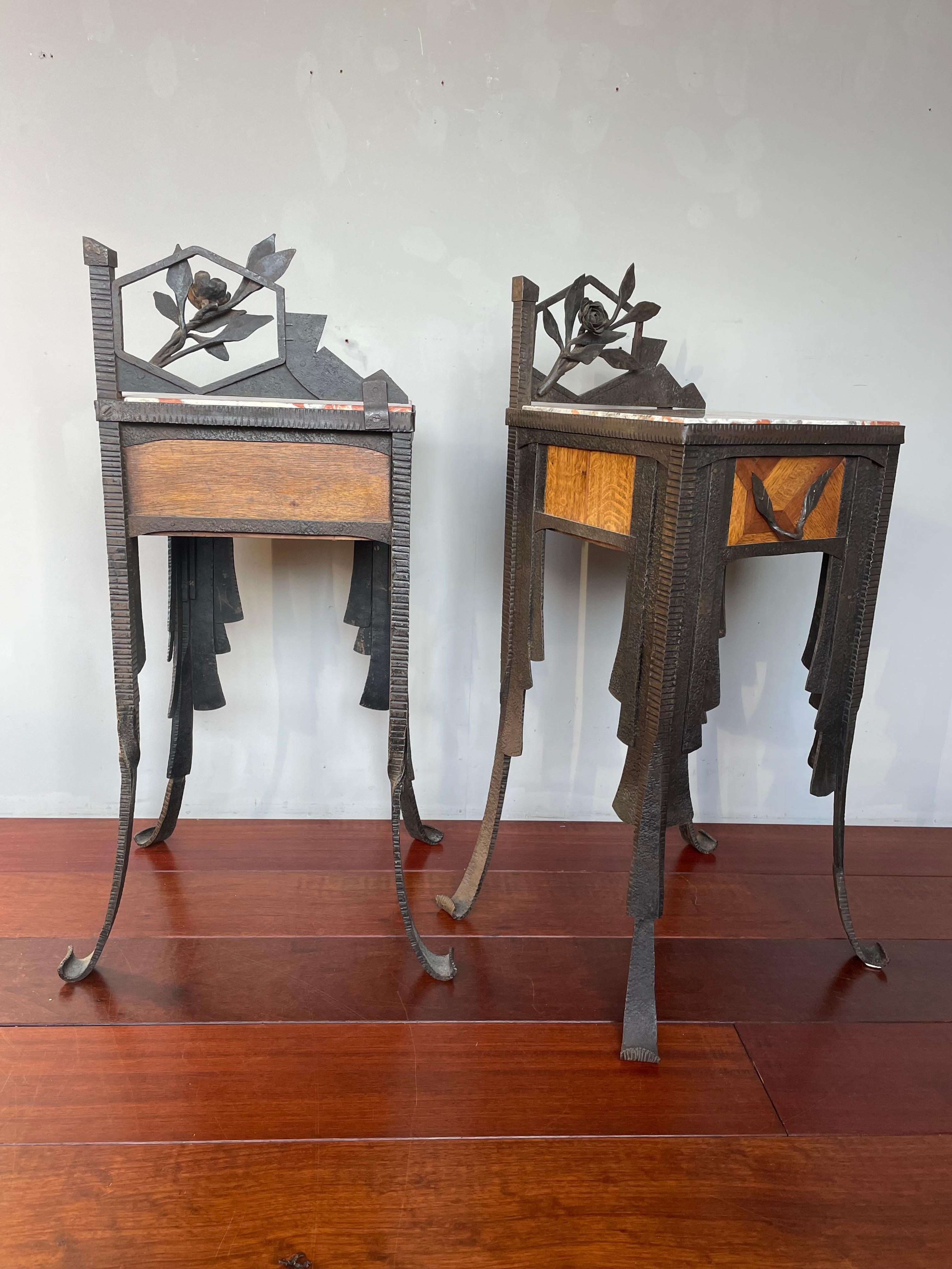 Rare French Art Deco Pair of Wrought Iron & Marble Bedside Tables / Night Stands 12