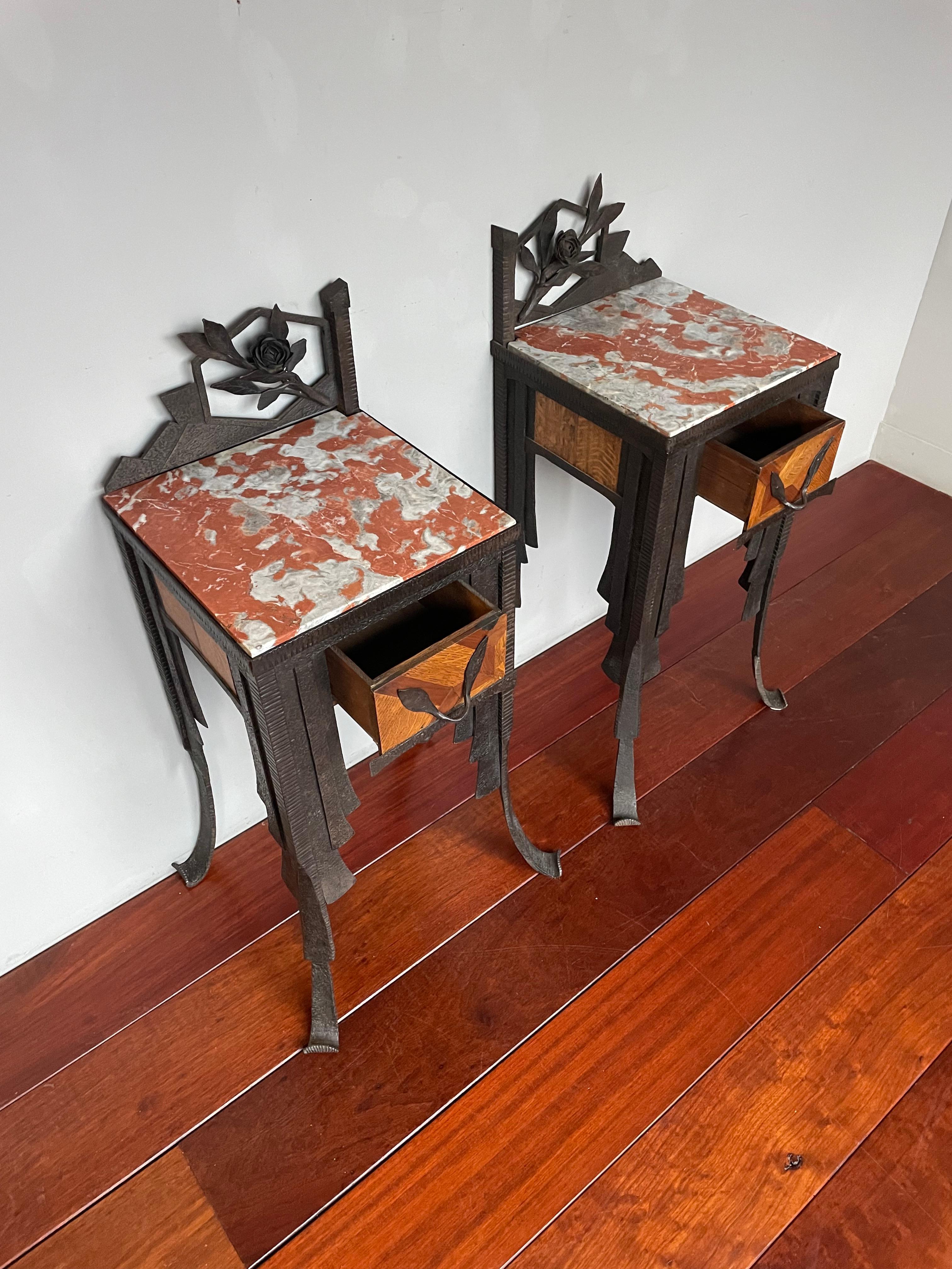Rare French Art Deco Pair of Wrought Iron & Marble Bedside Tables / Night Stands 15