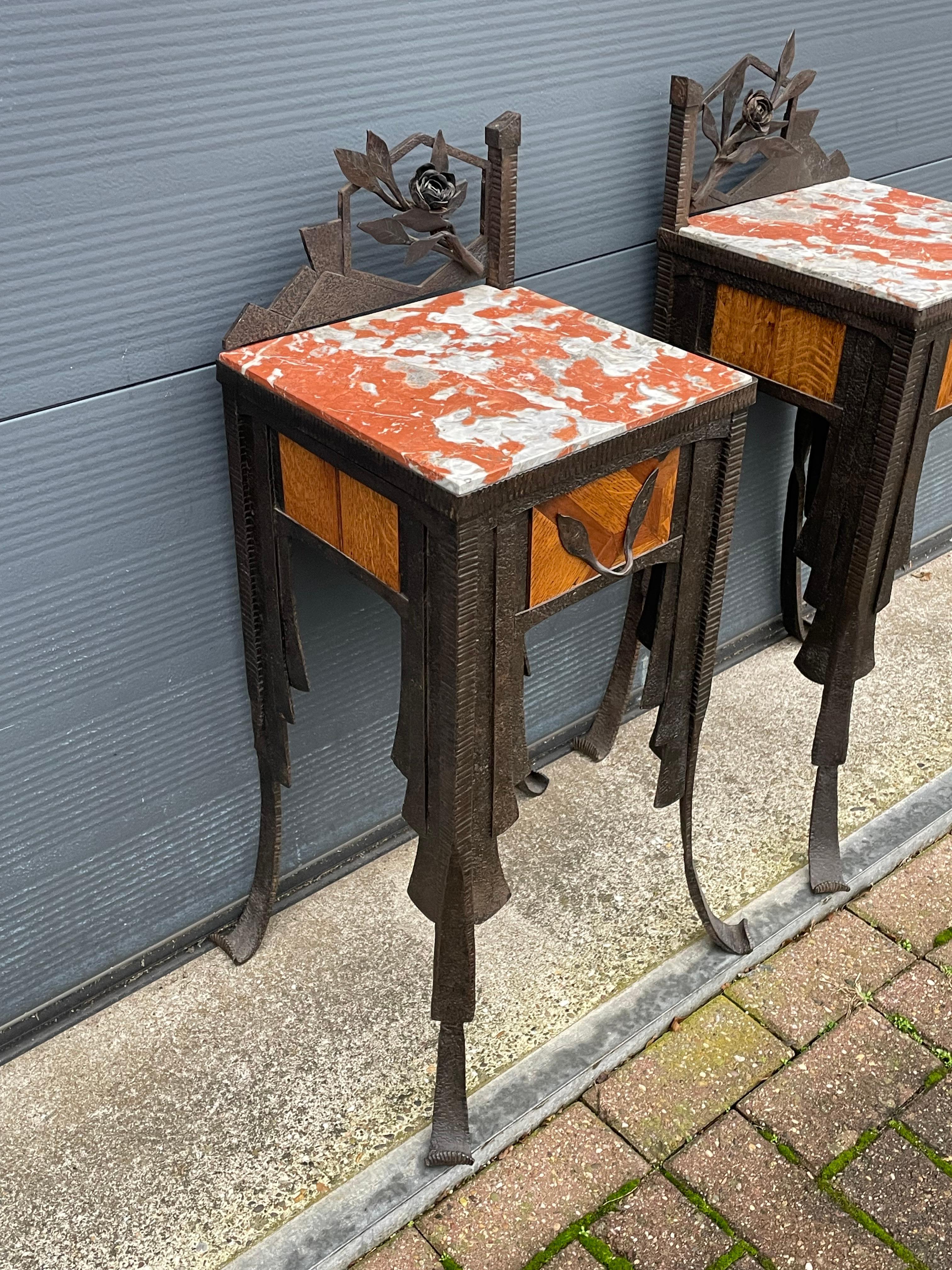 Metalwork Rare French Art Deco Pair of Wrought Iron & Marble Bedside Tables / Night Stands