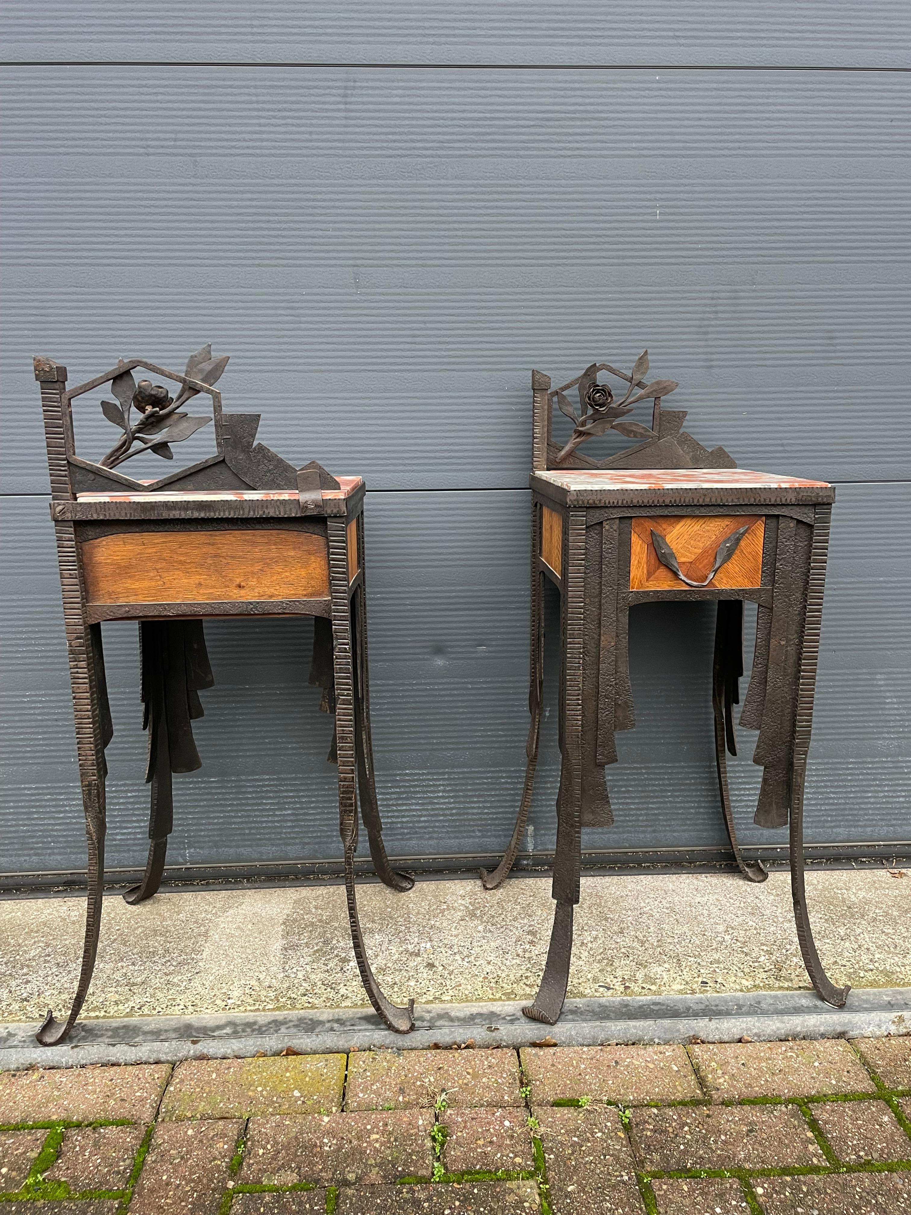 20th Century Rare French Art Deco Pair of Wrought Iron & Marble Bedside Tables / Night Stands