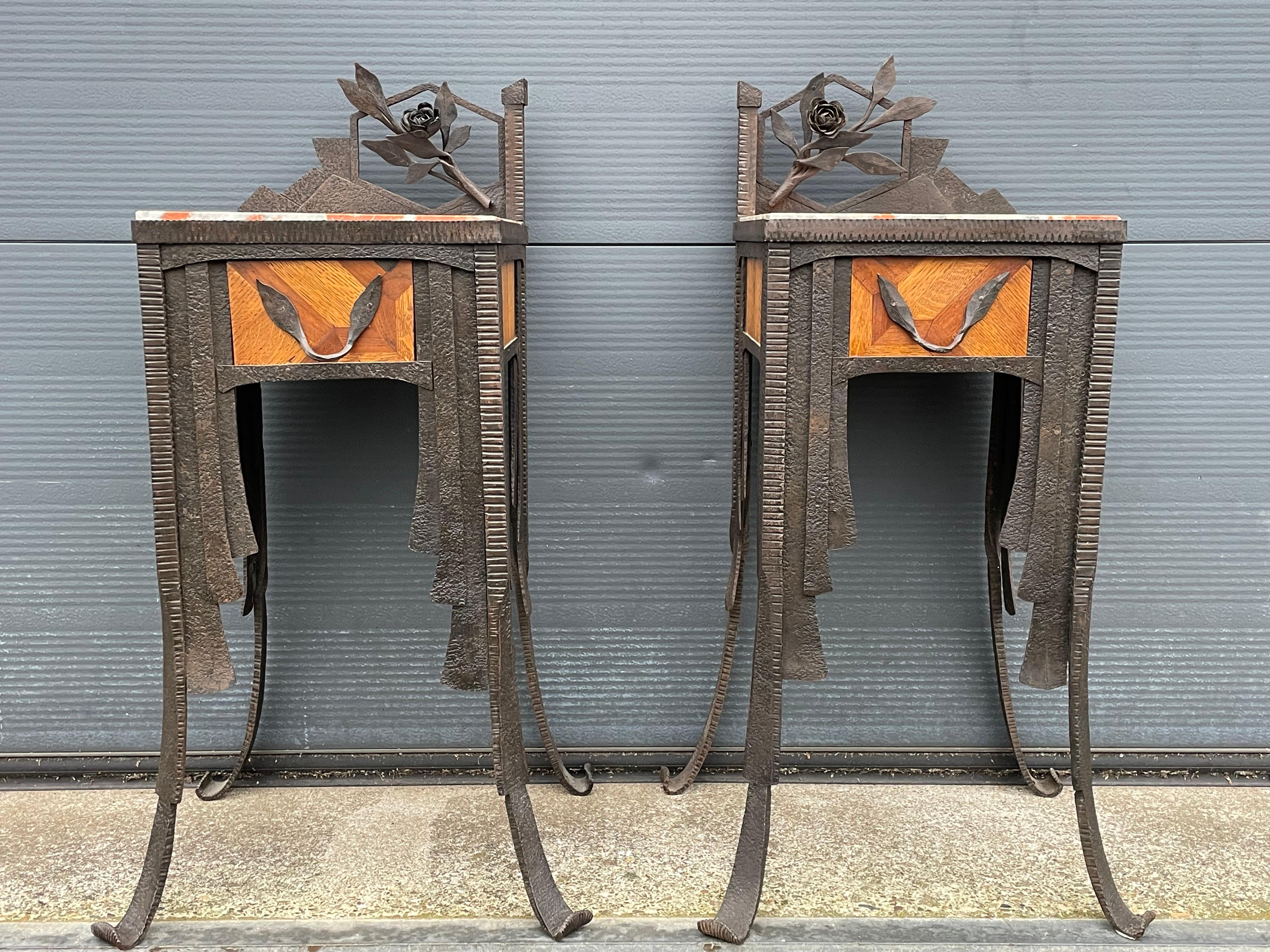 Rare French Art Deco Pair of Wrought Iron & Marble Bedside Tables / Night Stands 1