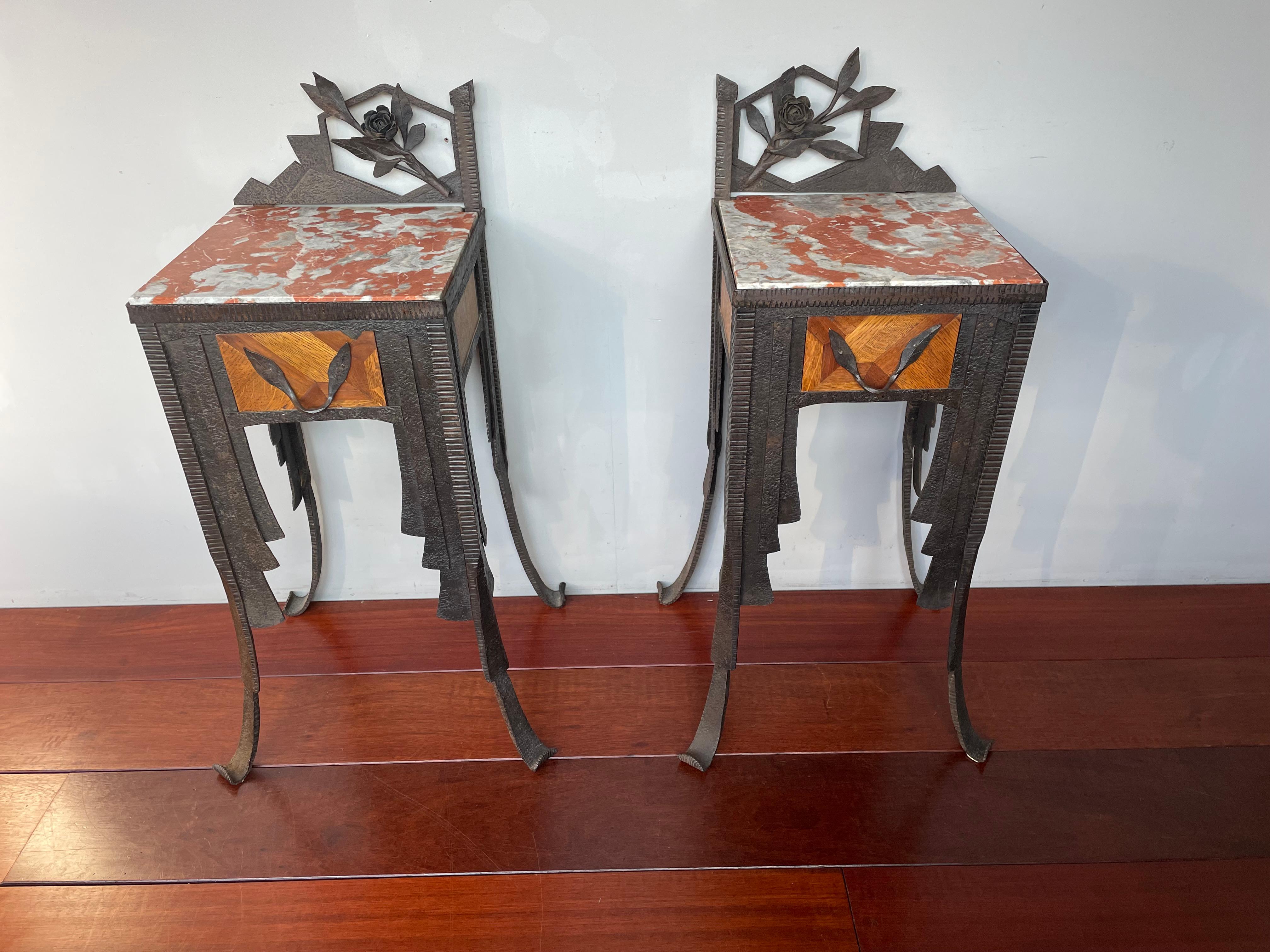 Rare French Art Deco Pair of Wrought Iron & Marble Bedside Tables / Night Stands 2