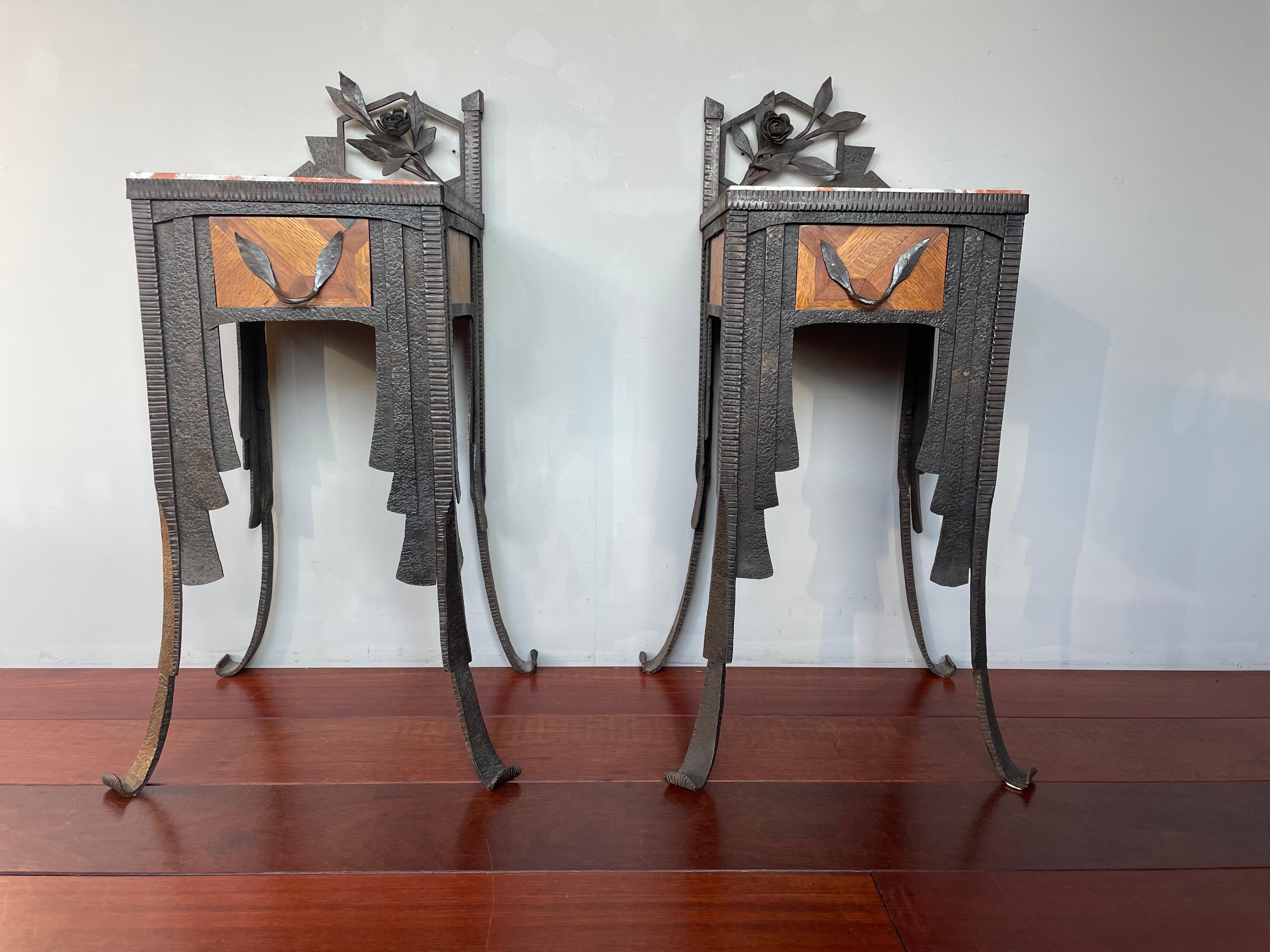 Rare French Art Deco Pair of Wrought Iron & Marble Bedside Tables / Night Stands 3