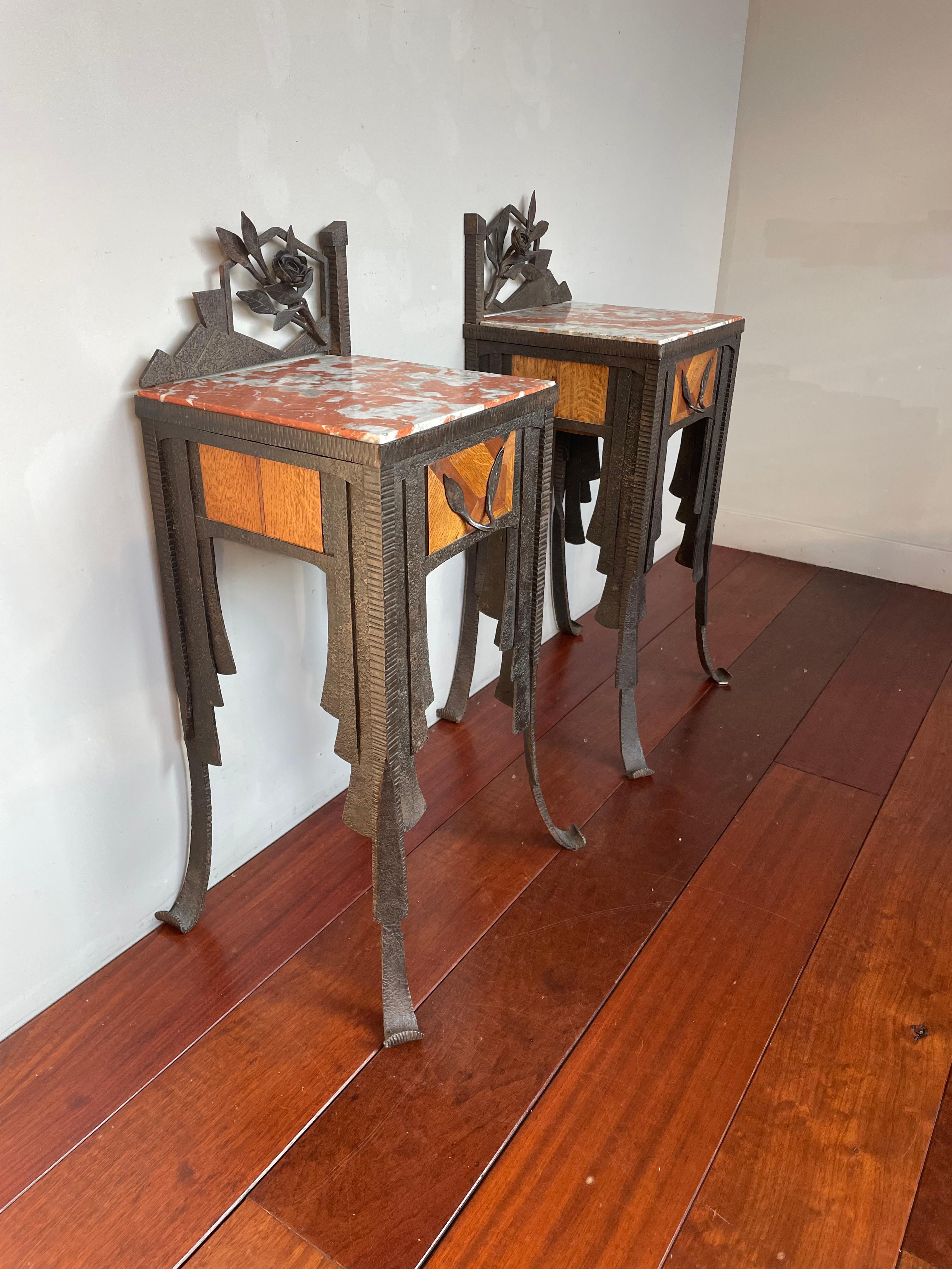 Rare French Art Deco Pair of Wrought Iron & Marble Bedside Tables / Night Stands 4