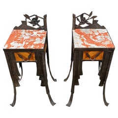 Rare French Art Deco Pair of Wrought Iron & Marble Bedside Tables / Night Stands