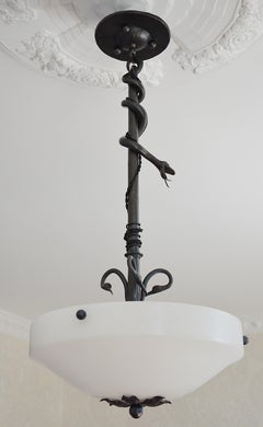 Rare French Art Deco Wrought-Iron Snake and Alabaster Pendant Chandelier